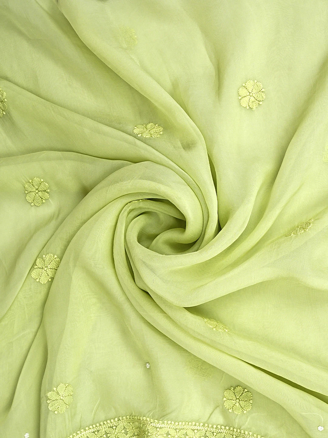 Ada Hand Embroidered Lime Green Organza Lucknowi Chikankari Unstitched Kurta Dupatta Set With Pearl Work 01A850121