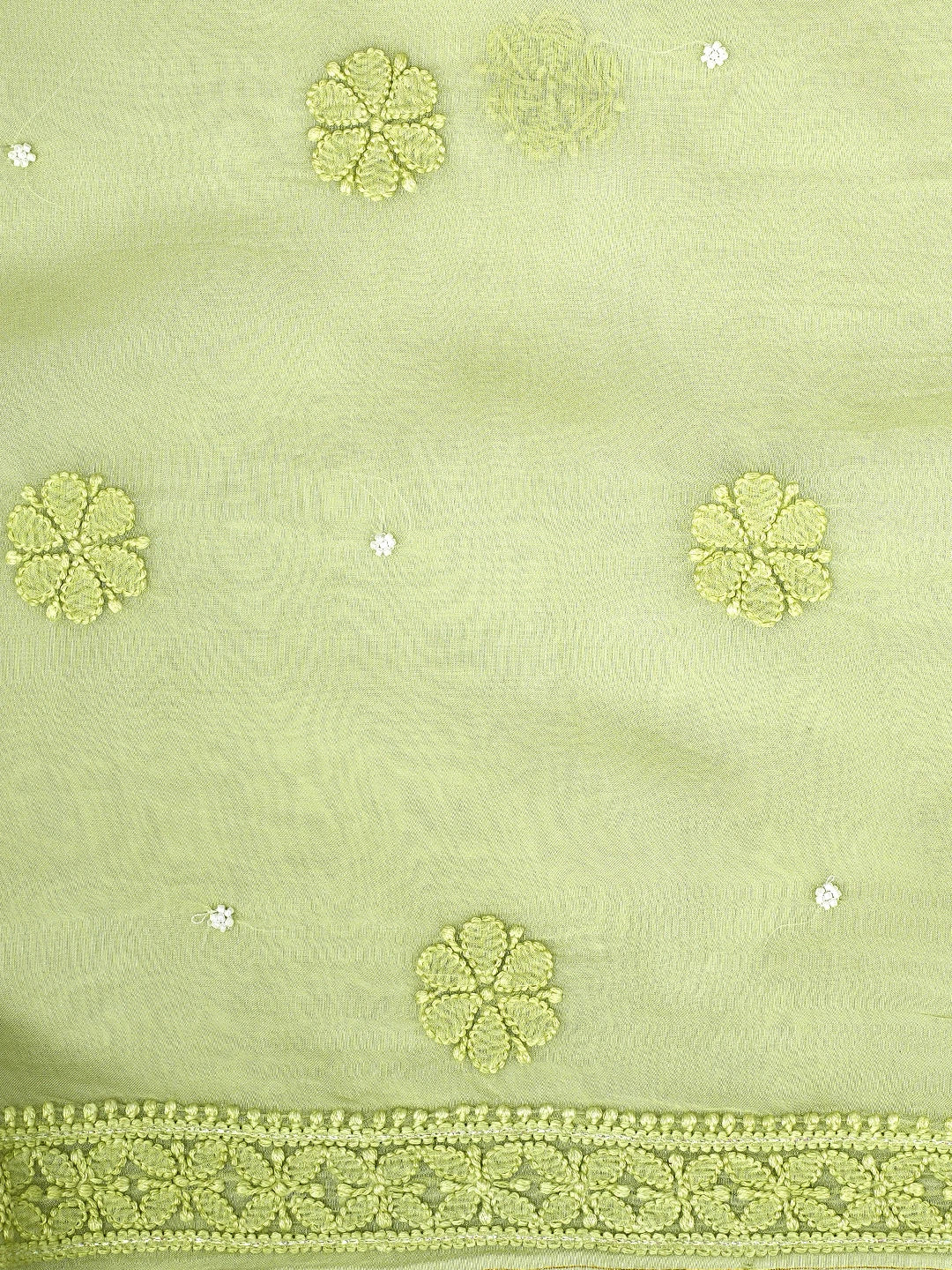 Ada Hand Embroidered Lime Green Organza Lucknowi Chikankari Unstitched Kurta Dupatta Set With Pearl Work 01A850121