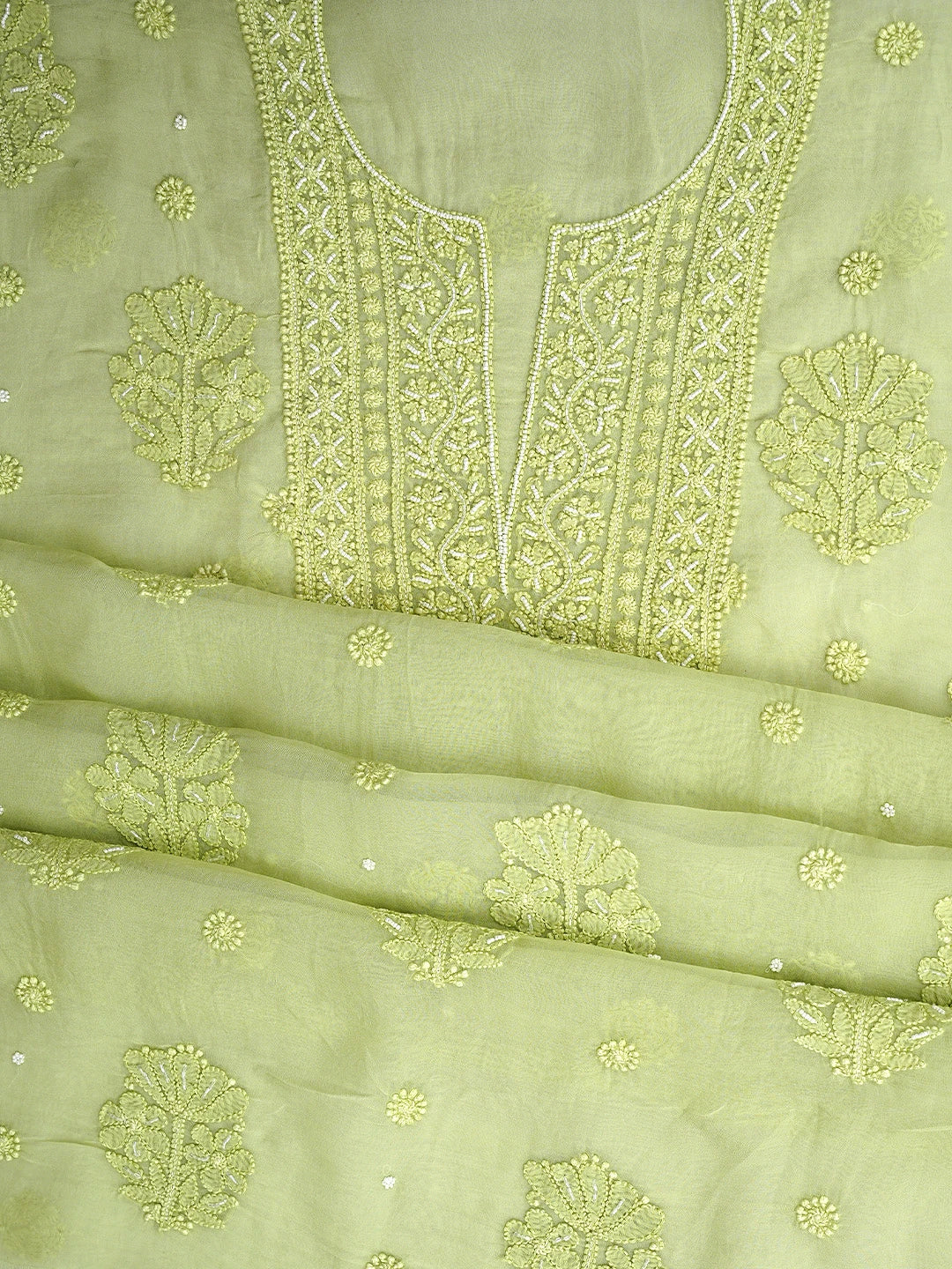 Ada Hand Embroidered Lime Green Organza Lucknowi Chikankari Unstitched Kurta Dupatta Set With Pearl Work 01A850121
