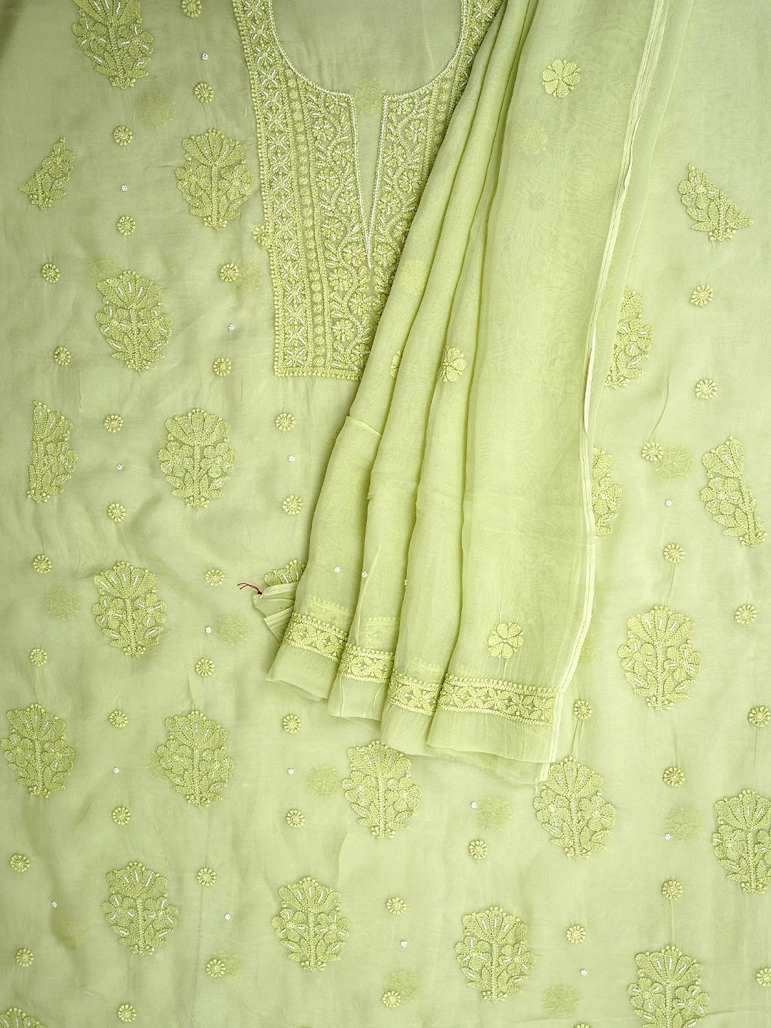 Ada Hand Embroidered Lime Green Organza Lucknowi Chikankari Unstitched Kurta Dupatta Set With Pearl Work 01A850121