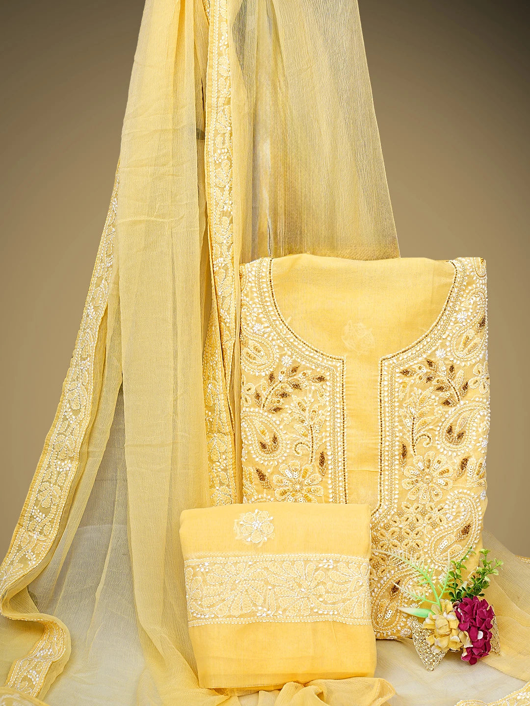 Ada Hand Embroidered Yellow Cotton Lucknowi Chikankari Unstitched Suit Piece With Cutdana Work 01A871543