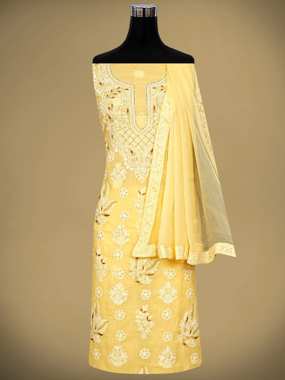Ada Hand Embroidered Yellow Cotton Lucknowi Chikankari Unstitched Suit Piece With Cutdana Work 01A871543