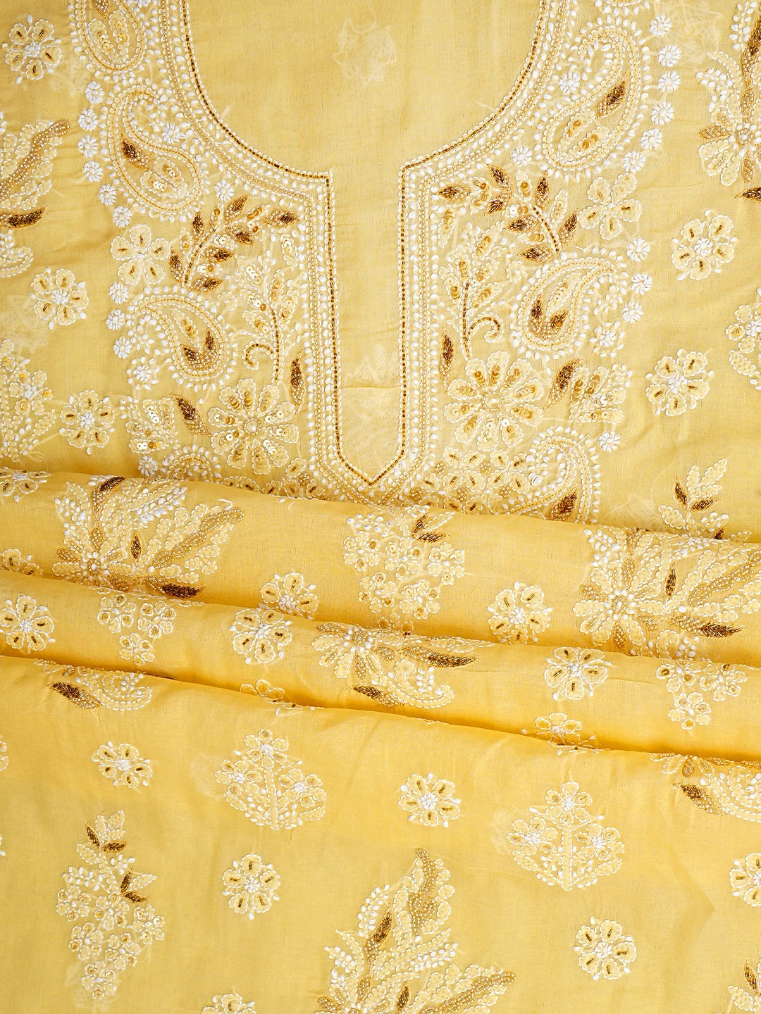 Ada Hand Embroidered Yellow Cotton Lucknowi Chikankari Unstitched Suit Piece With Cutdana Work 01A871543