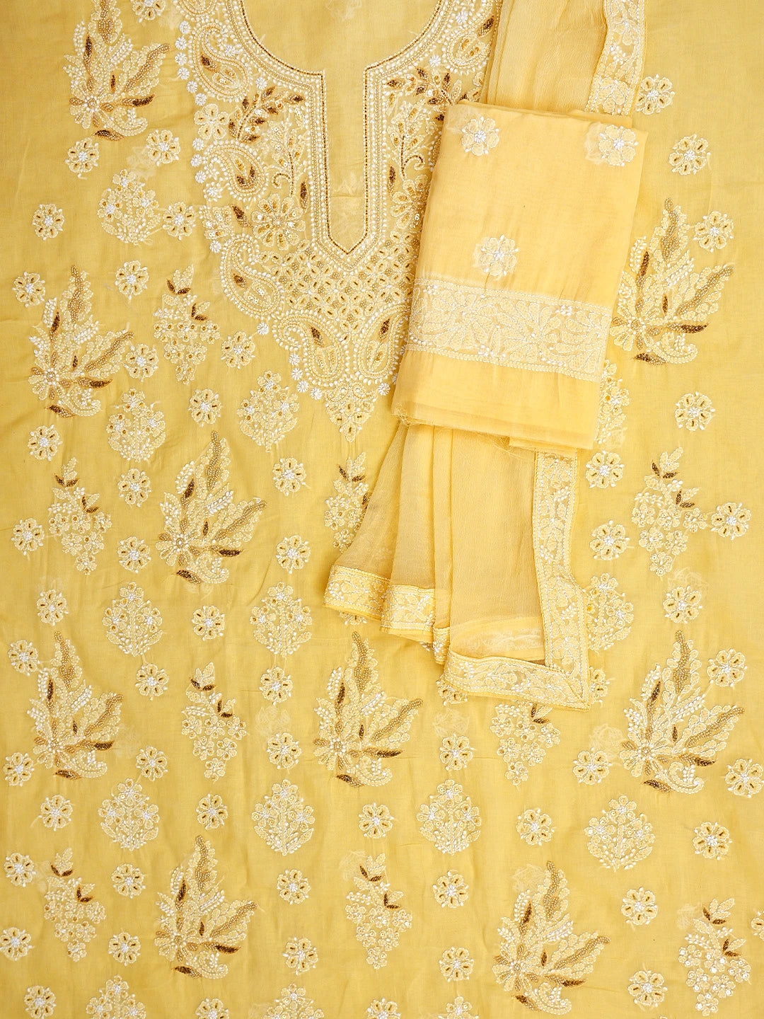 Ada Hand Embroidered Yellow Cotton Lucknowi Chikankari Unstitched Suit Piece With Cutdana Work 01A871543