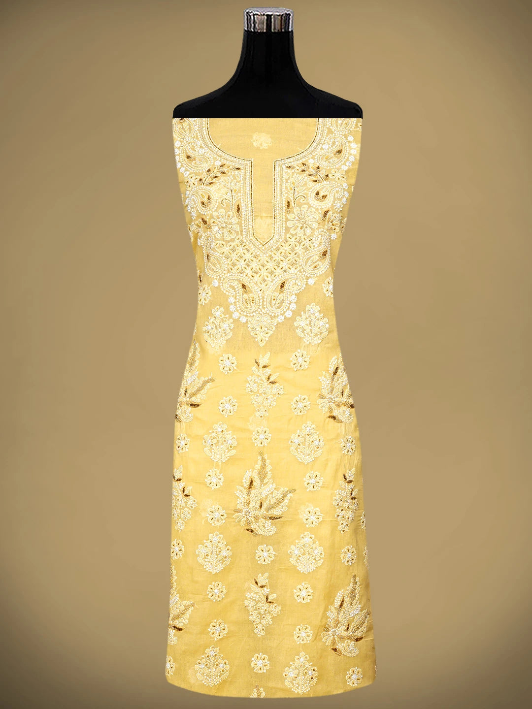 Ada Hand Embroidered Yellow Cotton Lucknowi Chikankari Unstitched Suit Piece With Cutdana Work 01A871543