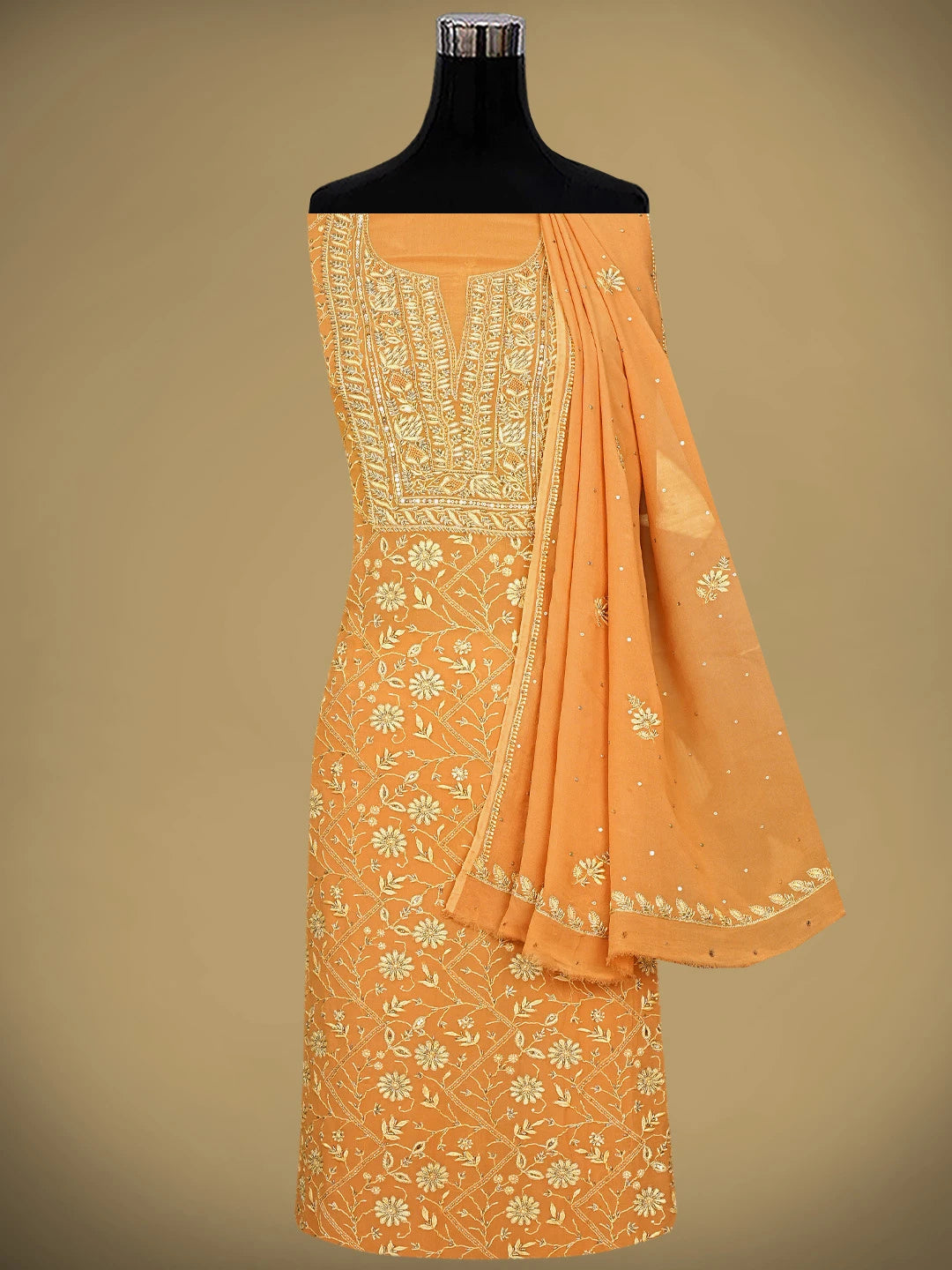 Ada Hand Embroidered Rust Viscose Georgette Lucknowi Chikankari Unstitched Kurta Dupatta Set With Sequinned Work 01A887978
