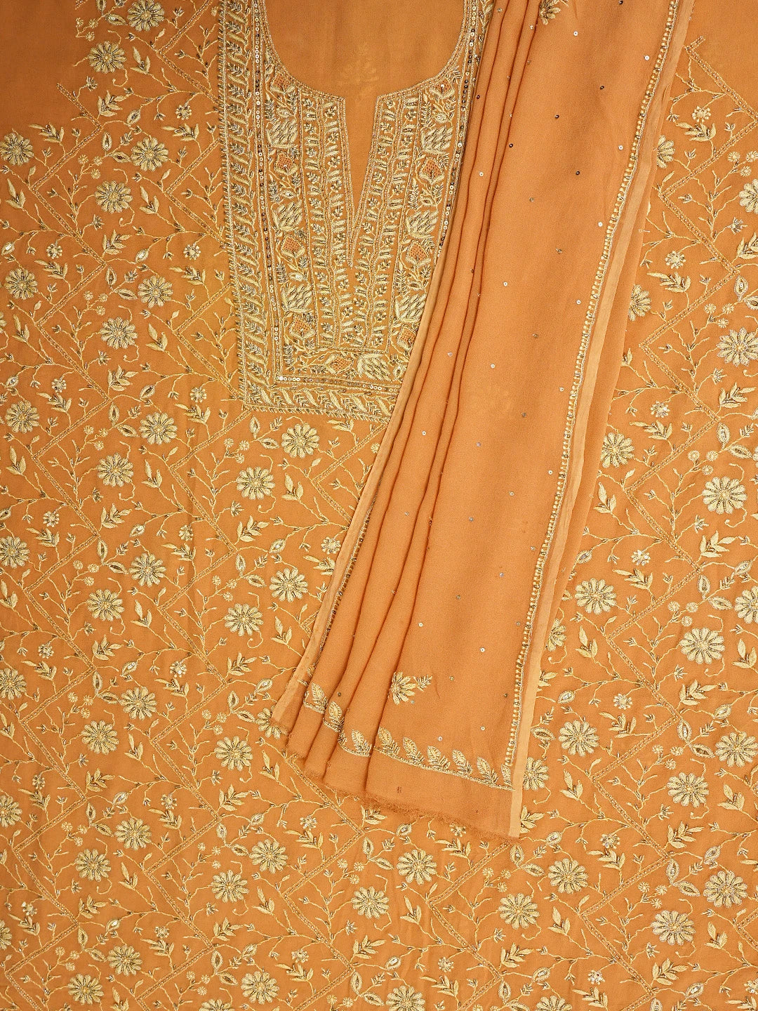 Ada Hand Embroidered Rust Viscose Georgette Lucknowi Chikankari Unstitched Kurta Dupatta Set With Sequinned Work 01A887978