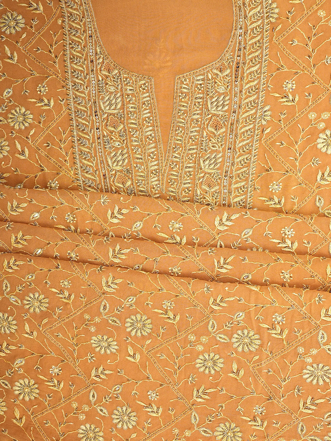 Ada Hand Embroidered Rust Viscose Georgette Lucknowi Chikankari Unstitched Kurta Dupatta Set With Sequinned Work 01A887978