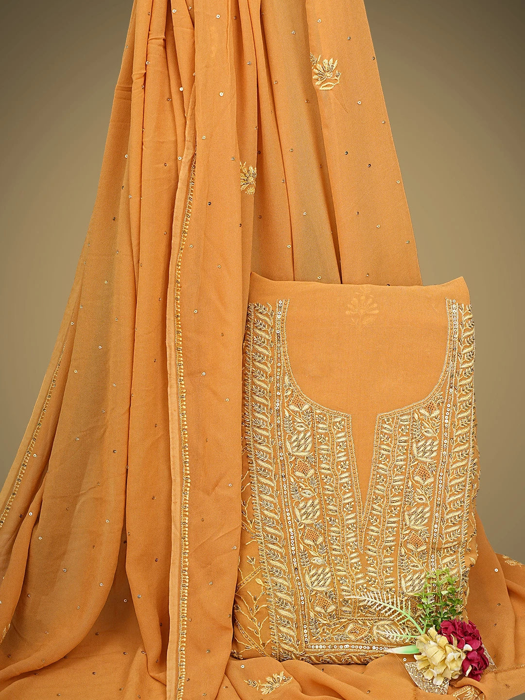 Ada Hand Embroidered Rust Viscose Georgette Lucknowi Chikankari Unstitched Kurta Dupatta Set With Sequinned Work 01A887978