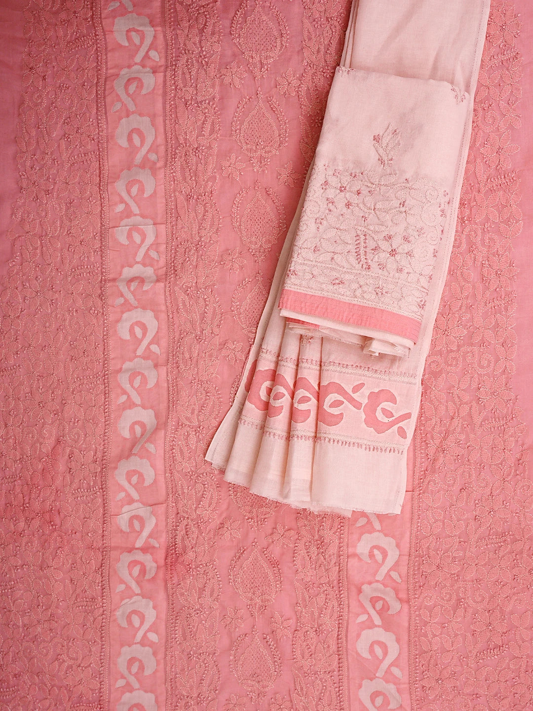 Ada Hand Embroidered Carrot Pink/Light Pink Cotton Lucknowi Chikankari Unstitched Suit Piece 01A845211