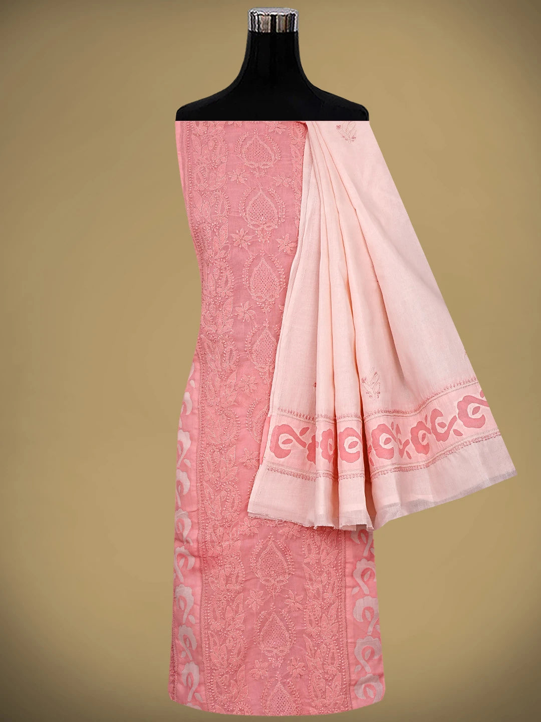 Ada Hand Embroidered Carrot Pink/Light Pink Cotton Lucknowi Chikankari Unstitched Suit Piece 01A845211