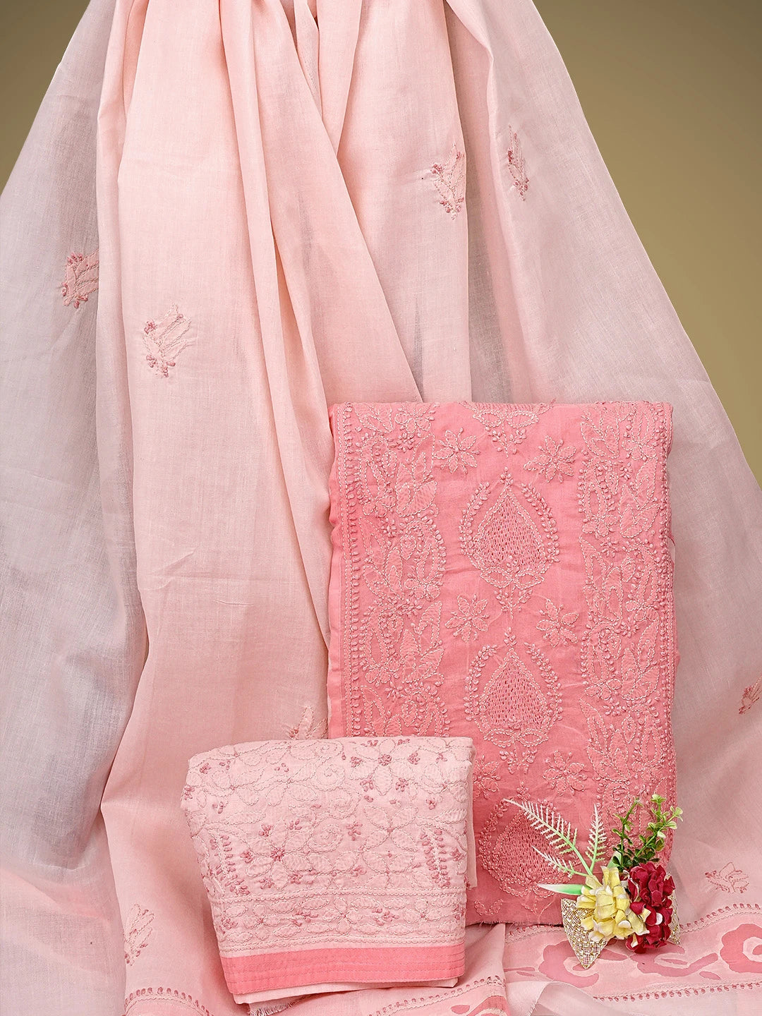 Ada Hand Embroidered Carrot Pink/Light Pink Cotton Lucknowi Chikankari Unstitched Suit Piece 01A845211
