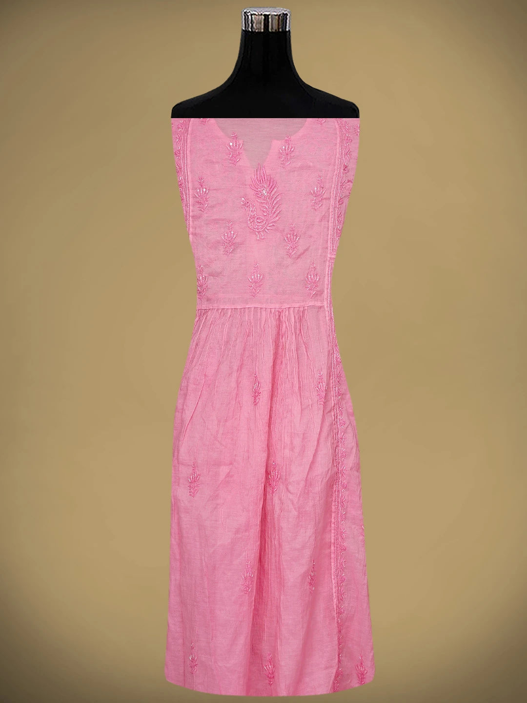 Ada Hand Embroidered Rose Pink Chanderi Lucknowi Chikankari Semi-Stitched A-line Kurta Dupatta Set With Cutdana Work 01A811057