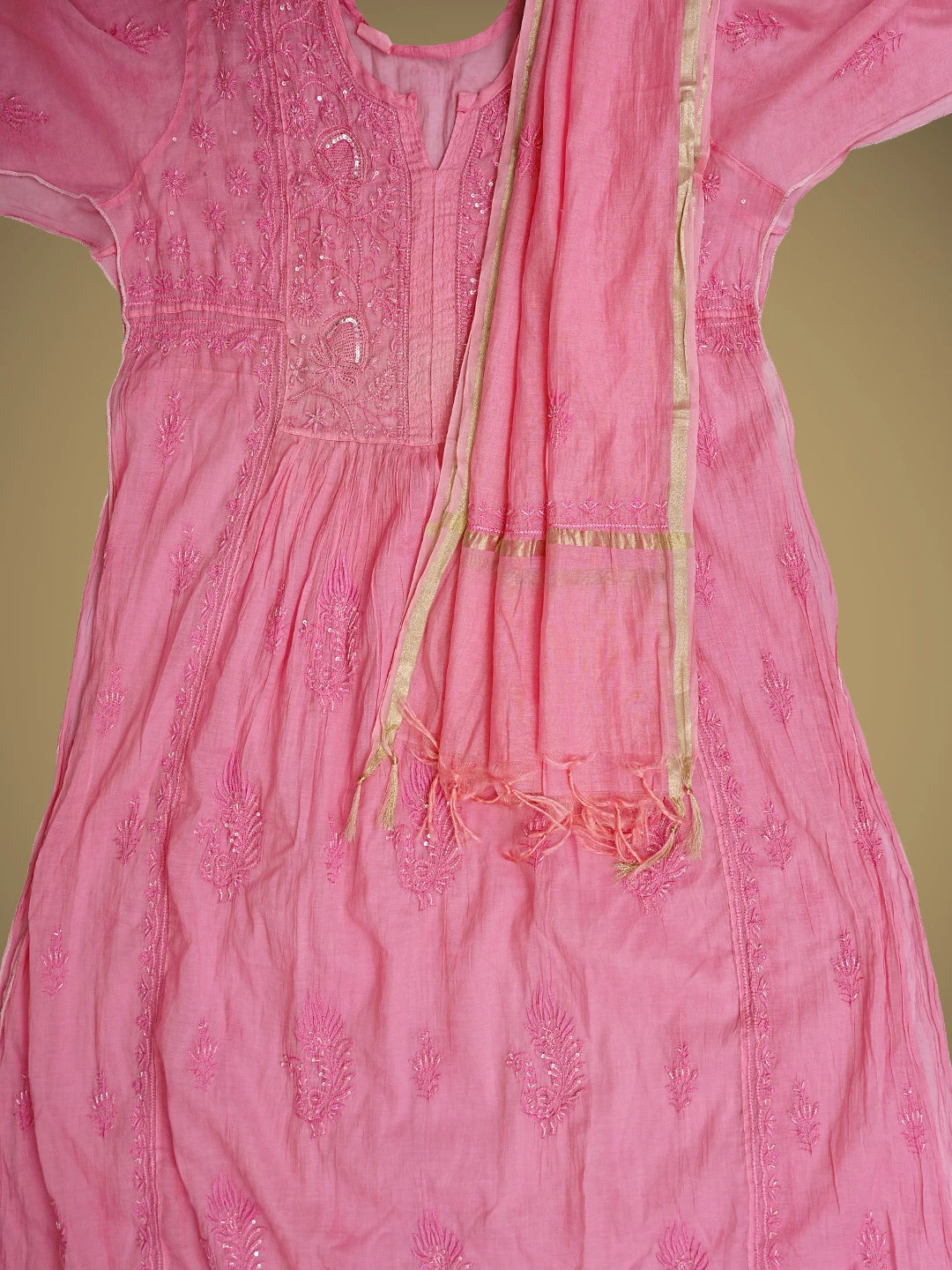 Ada Hand Embroidered Rose Pink Chanderi Lucknowi Chikankari Semi-Stitched A-line Kurta Dupatta Set With Cutdana Work 01A811057