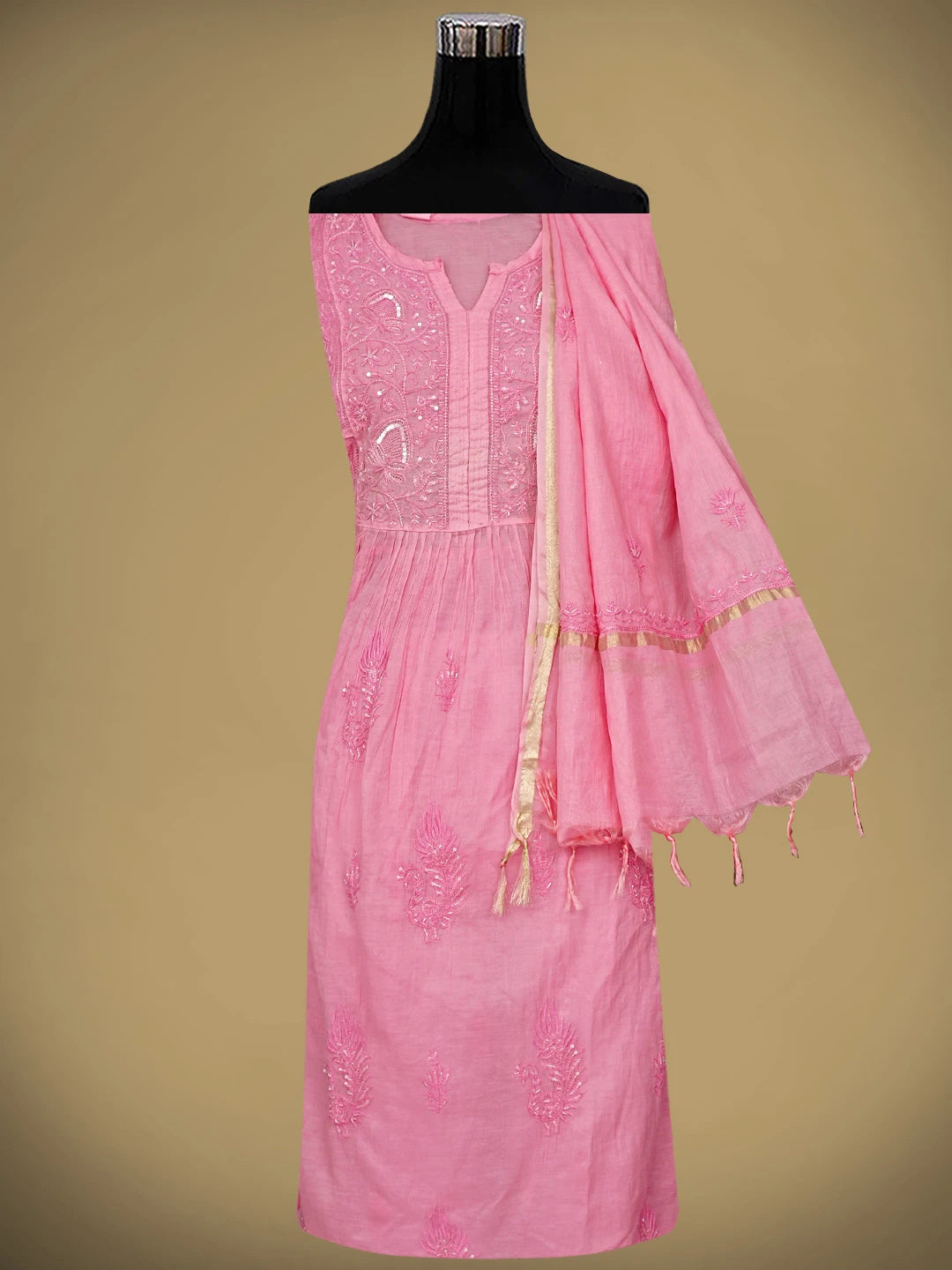 Ada Hand Embroidered Rose Pink Chanderi Lucknowi Chikankari Semi-Stitched A-line Kurta Dupatta Set With Cutdana Work 01A811057