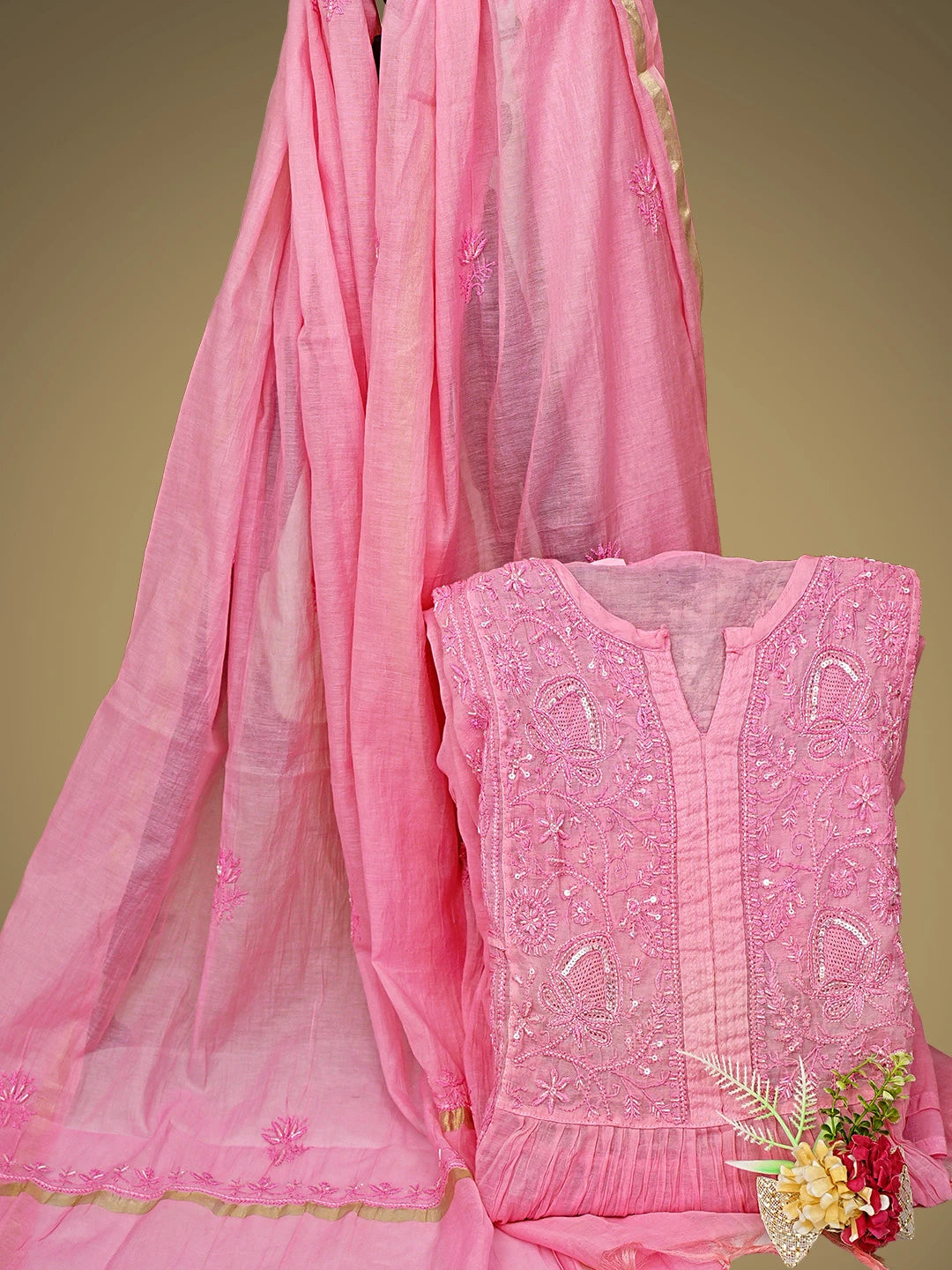 Ada Hand Embroidered Rose Pink Chanderi Lucknowi Chikankari Semi-Stitched A-line Kurta Dupatta Set With Cutdana Work 01A811057