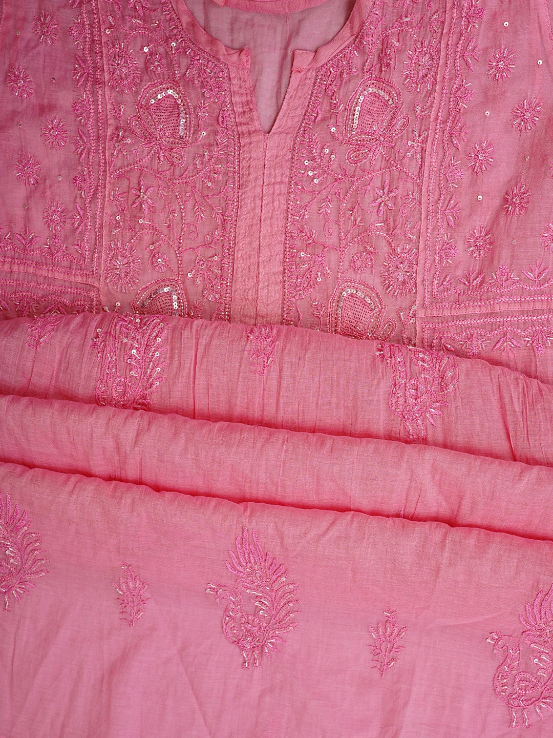 Ada Hand Embroidered Rose Pink Chanderi Lucknowi Chikankari Semi-Stitched A-line Kurta Dupatta Set With Cutdana Work 01A811057