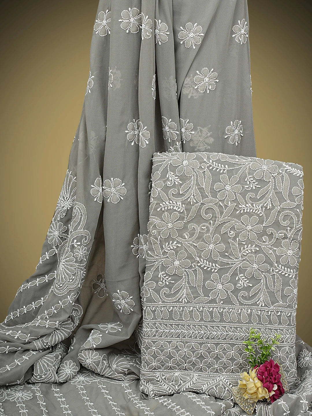 Ada Hand Embroidered Grey Georgette Lucknowi Chikankari Unstitched Kurta Dupatta Set 01A346873