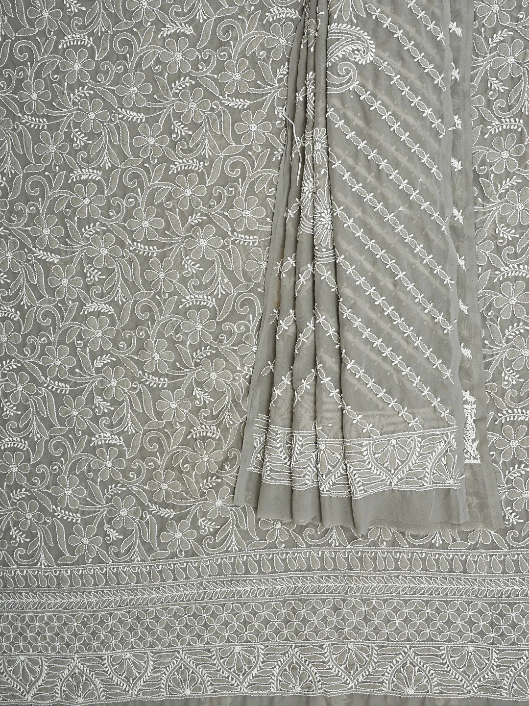 Ada Hand Embroidered Grey Georgette Lucknowi Chikankari Unstitched Kurta Dupatta Set 01A346873