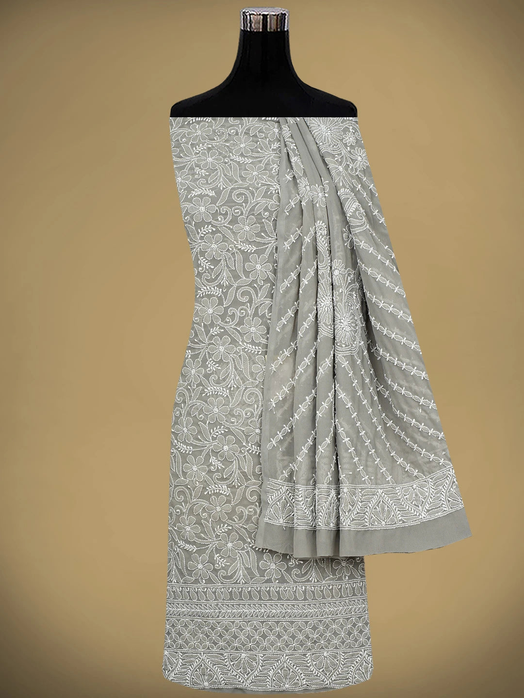 Ada Hand Embroidered Grey Georgette Lucknowi Chikankari Unstitched Kurta Dupatta Set 01A346873