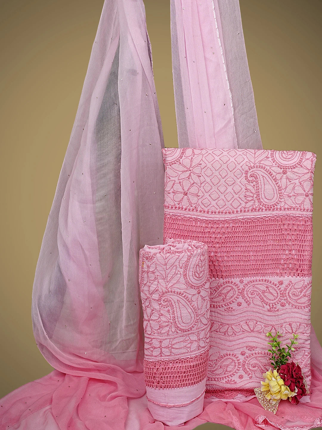 Ada Hand Embroidered Pink Cotton Lucknowi Chikankari Unstitched Suit Piece 01A839505