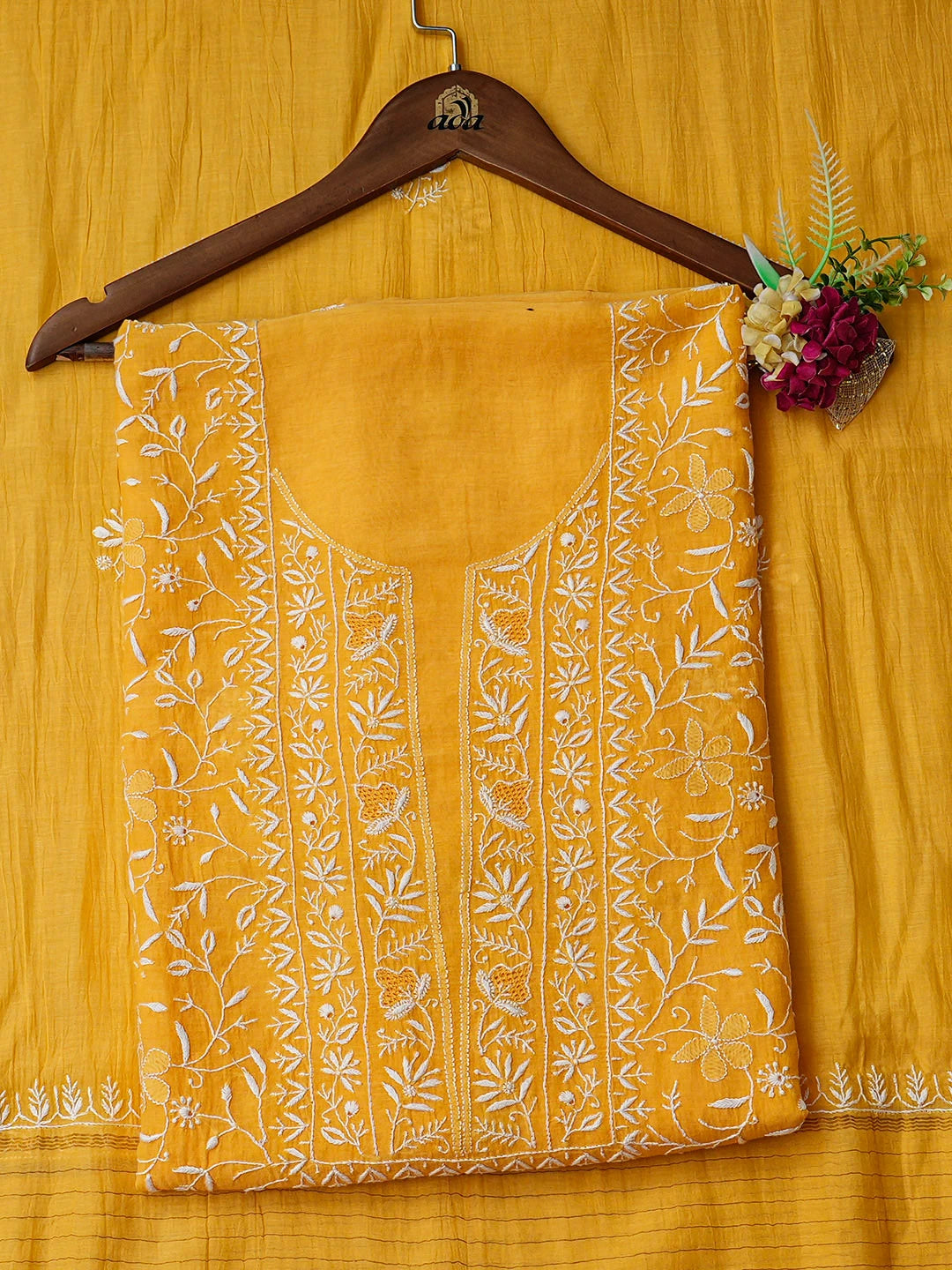 Ada Hand Embroidered Yellow Chanderi Lucknowi Chikankari Unstitched Kurta Dupatta Set 01A805754