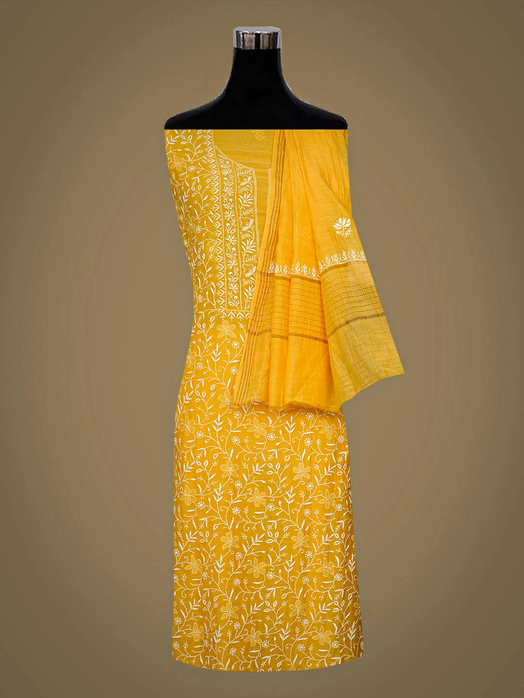 Ada Hand Embroidered Yellow Chanderi Lucknowi Chikankari Unstitched Kurta Dupatta Set 01A805754