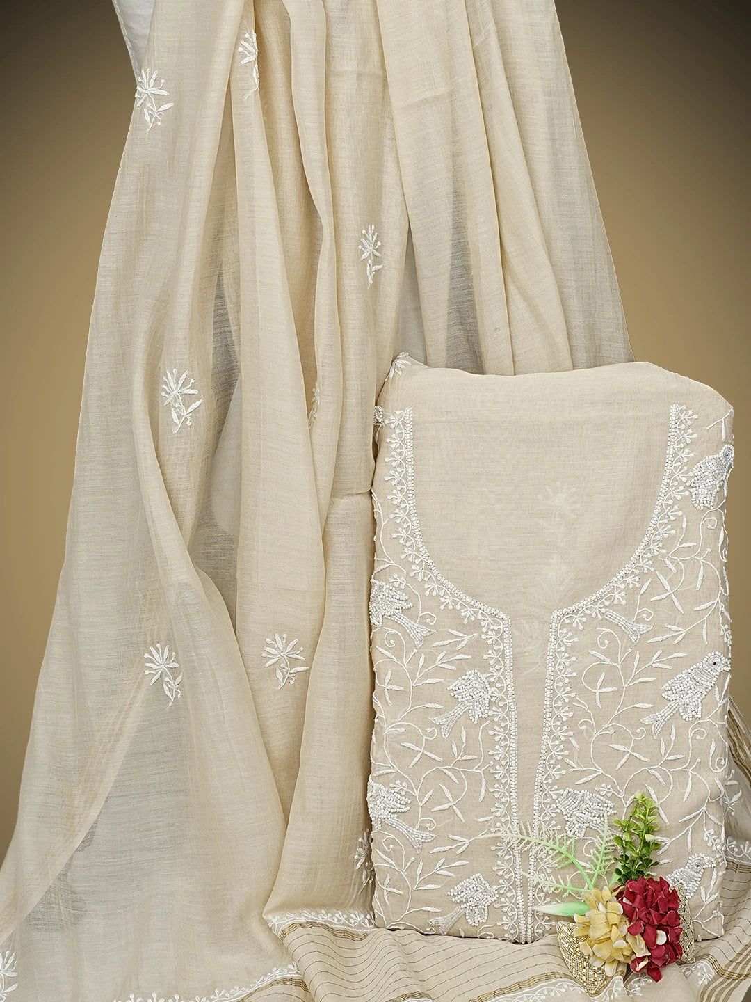 Ada Hand Embroidered Fawn Chanderi Lucknowi Chikankari Unstitched Kurta Dupatta Set With Cutdana Work 01A841076