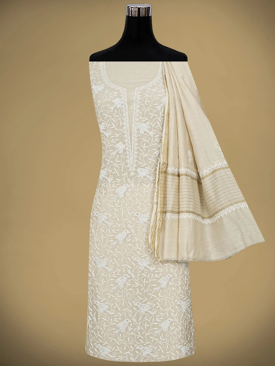 Ada Hand Embroidered Fawn Chanderi Lucknowi Chikankari Unstitched Kurta Dupatta Set With Cutdana Work 01A841076