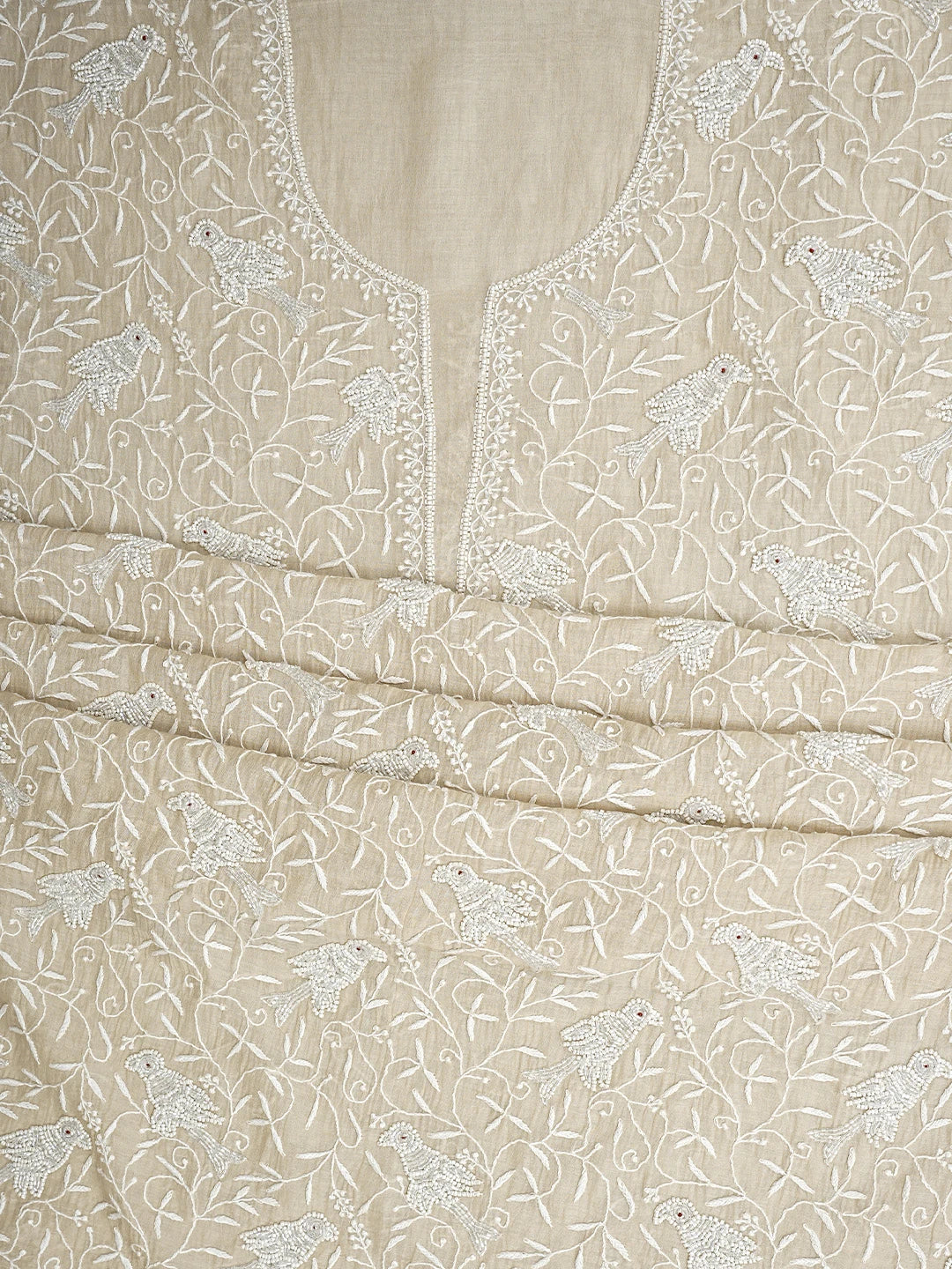 Ada Hand Embroidered Fawn Chanderi Lucknowi Chikankari Unstitched Kurta Dupatta Set With Cutdana Work 01A841076