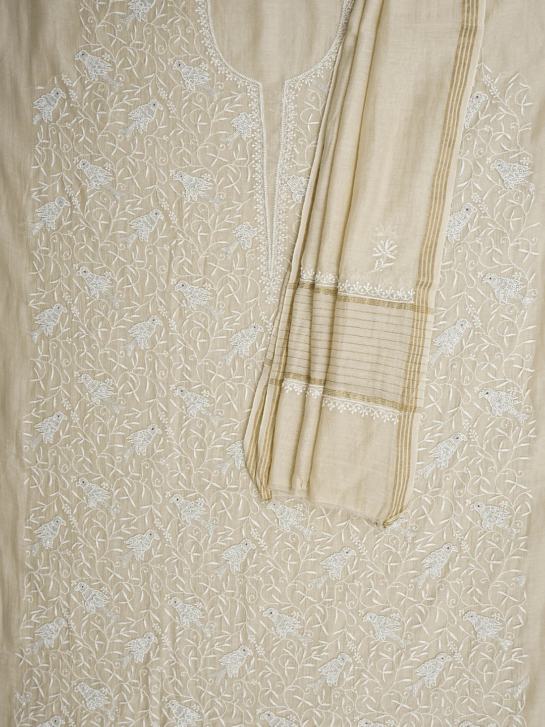 Ada Hand Embroidered Fawn Chanderi Lucknowi Chikankari Unstitched Kurta Dupatta Set With Cutdana Work 01A841076