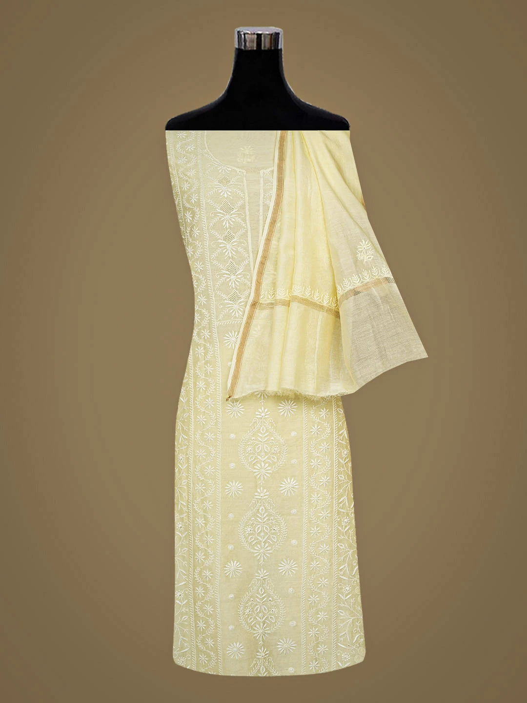 Ada Hand Embroidered Lemon Chanderi Lucknowi Chikankari Unstitched Kurta Dupatta Set 01A936201