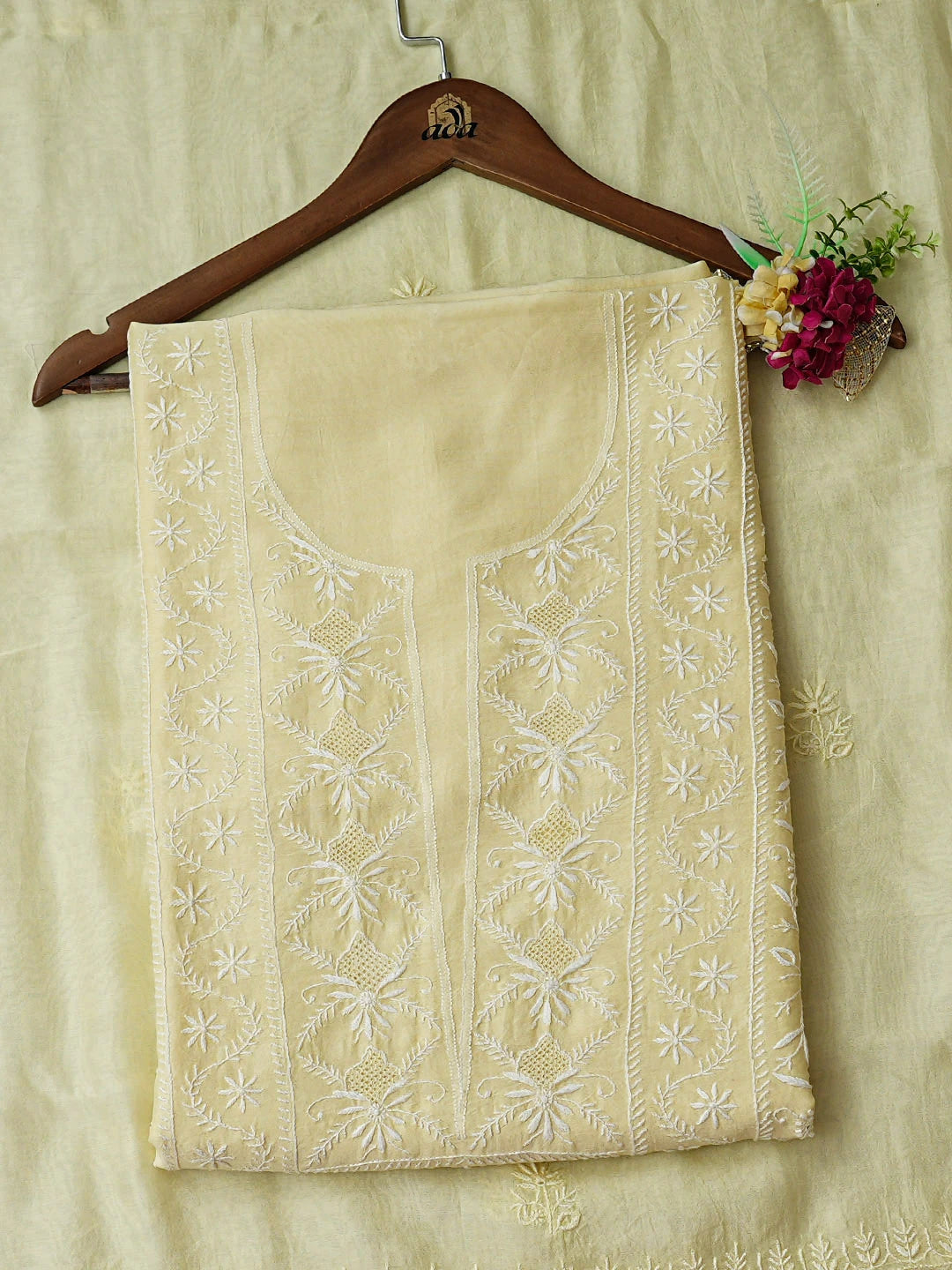 Ada Hand Embroidered Lemon Chanderi Lucknowi Chikankari Unstitched Kurta Dupatta Set 01A936201
