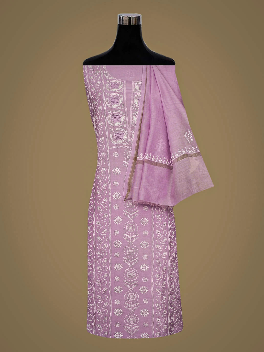 Ada Hand Embroidered Mauve Chanderi Lucknowi Chikankari Unstitched Kurta Dupatta Set 01A936205