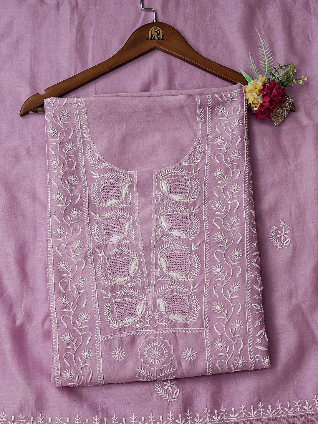 Ada Hand Embroidered Mauve Chanderi Lucknowi Chikankari Unstitched Kurta Dupatta Set 01A936205