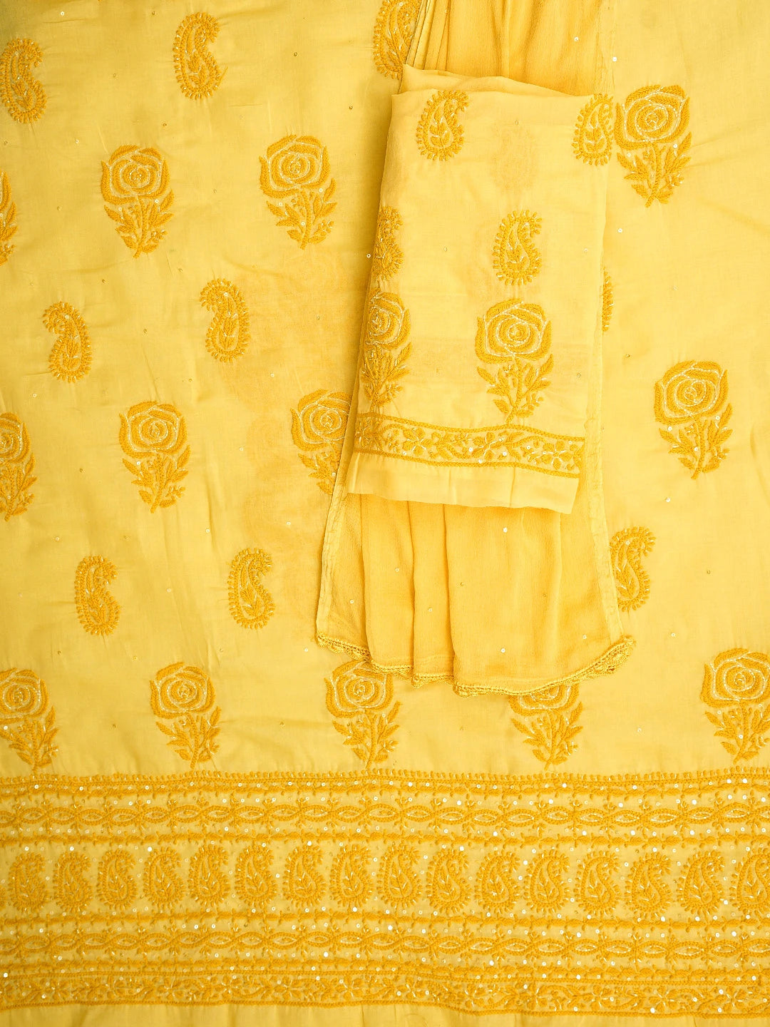 Ada Hand Embroidered Yellow Cotton Lucknowi Chikankari Unstitched Suit Piece With Cutdana Work 01A745468