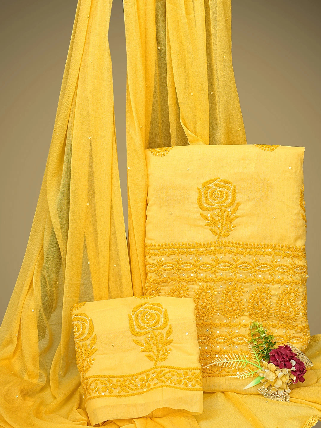 Ada Hand Embroidered Yellow Cotton Lucknowi Chikankari Unstitched Suit Piece With Cutdana Work 01A745468