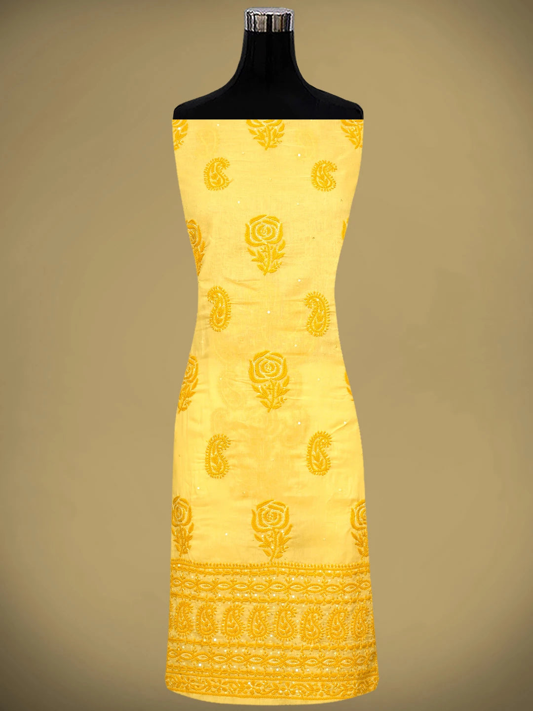 Ada Hand Embroidered Yellow Cotton Lucknowi Chikankari Unstitched Suit Piece With Cutdana Work 01A745468