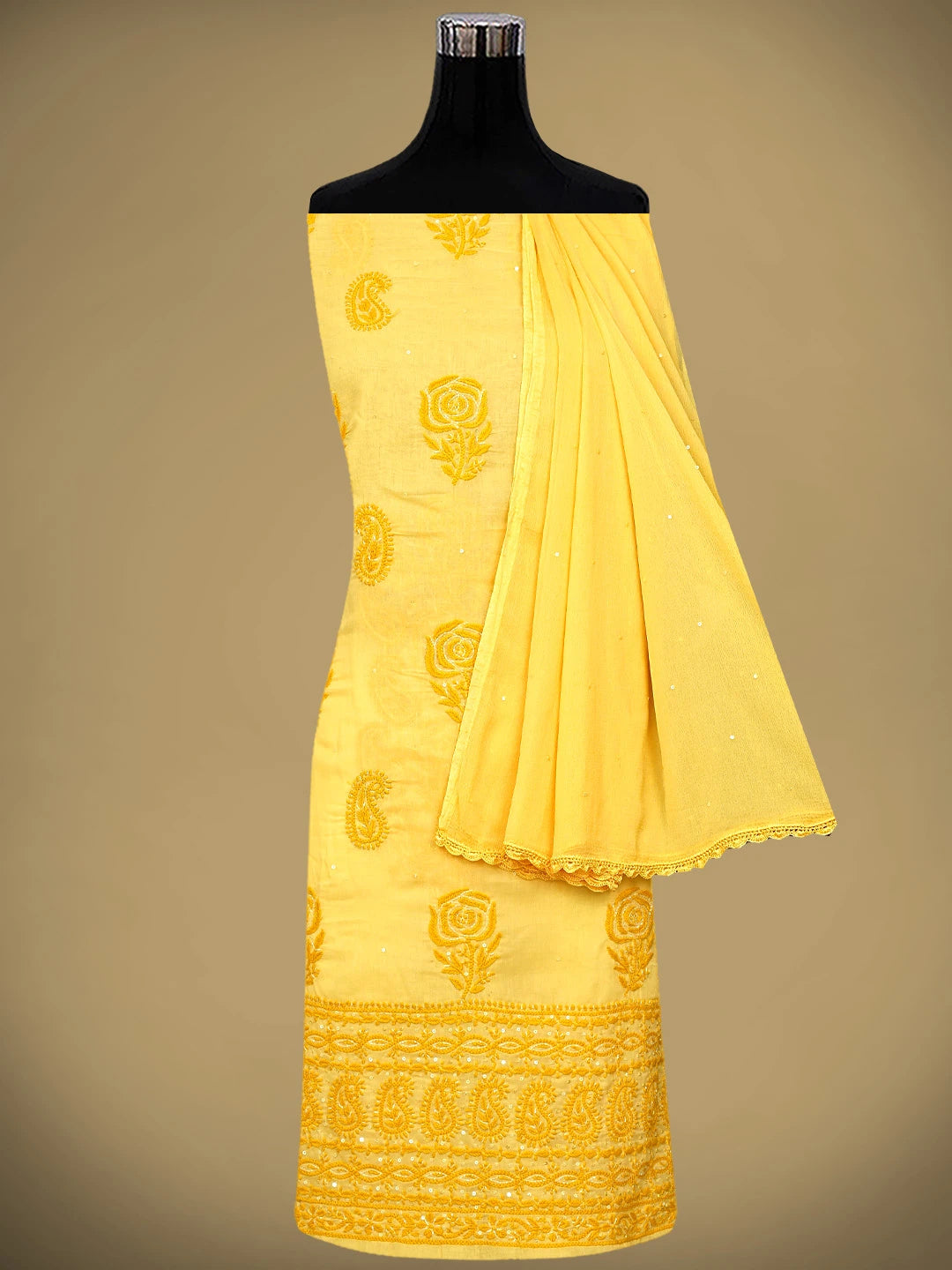 Ada Hand Embroidered Yellow Cotton Lucknowi Chikankari Unstitched Suit Piece With Cutdana Work 01A745468