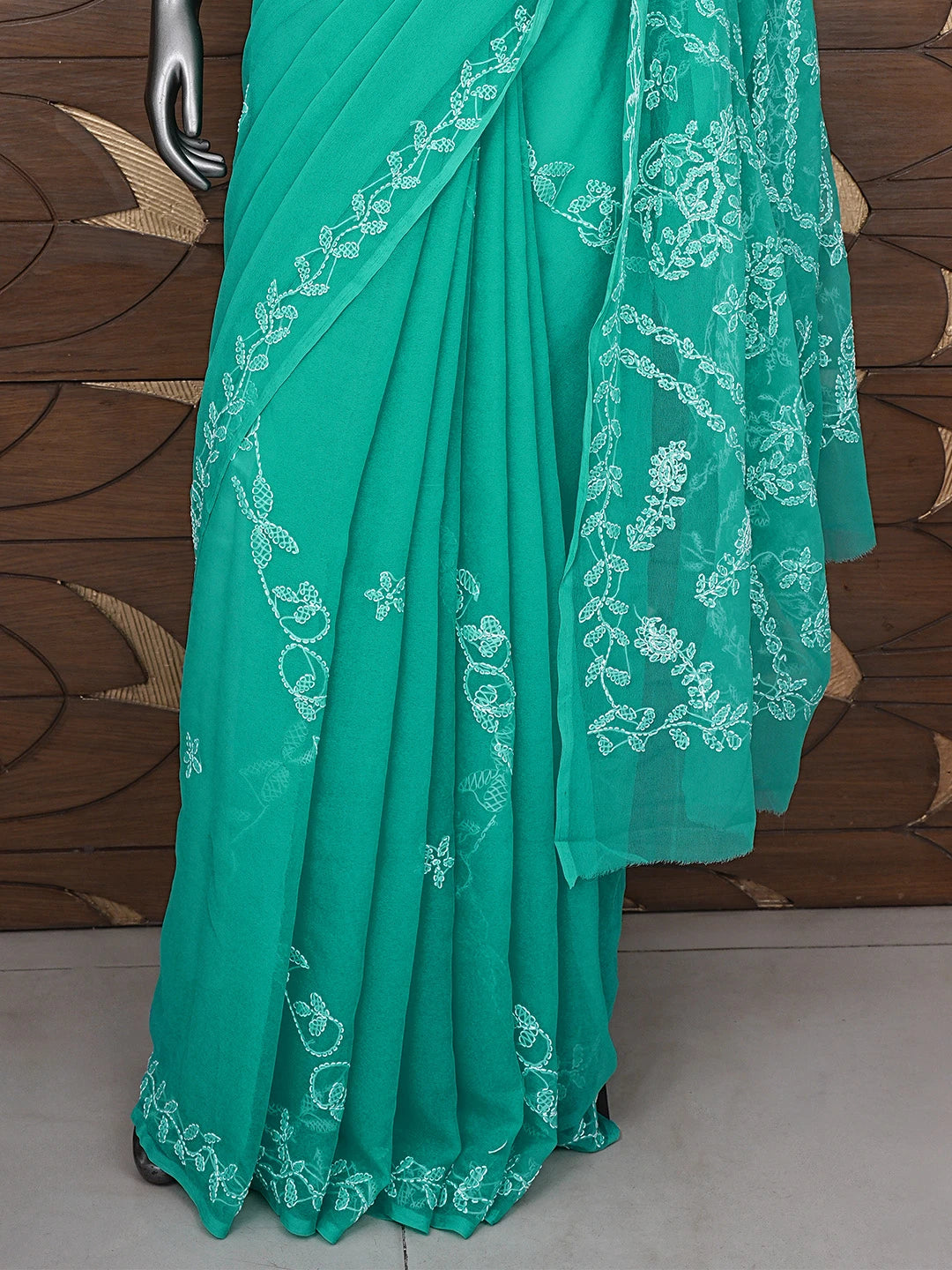 Ada Hand Embroidered Sea Green Georgette Lucknowi Chikankari Saree With Blouse 01A934768
