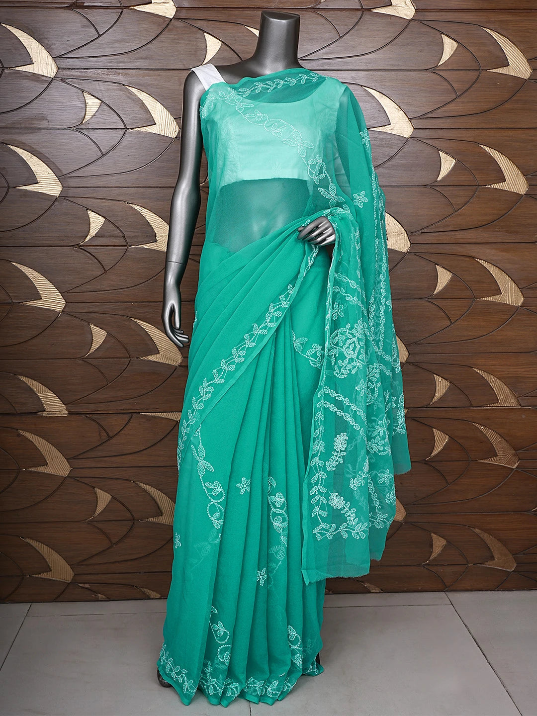 Ada Hand Embroidered Sea Green Georgette Lucknowi Chikankari Saree With Blouse 01A934768