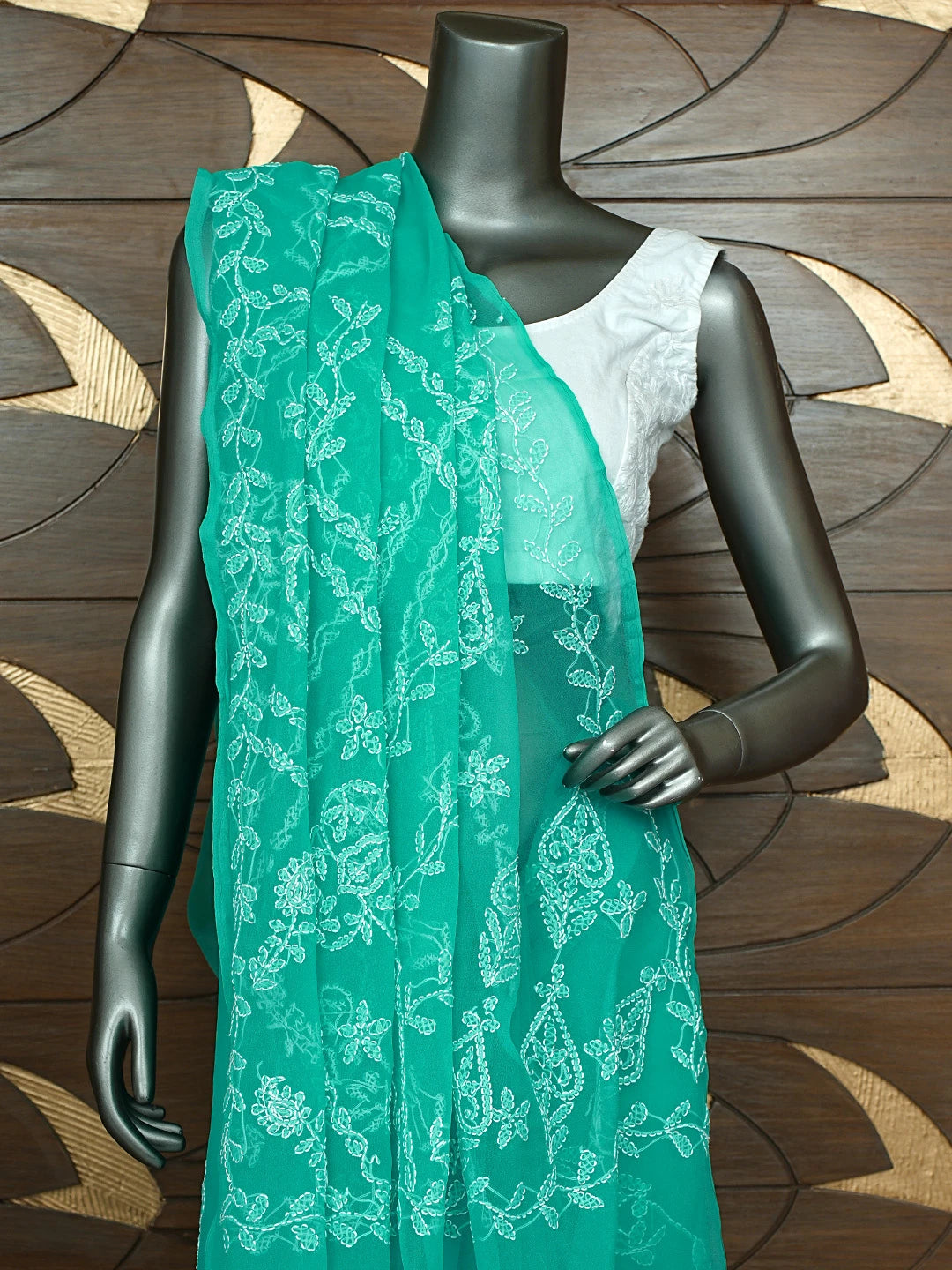 Ada Hand Embroidered Sea Green Georgette Lucknowi Chikankari Saree With Blouse 01A934768