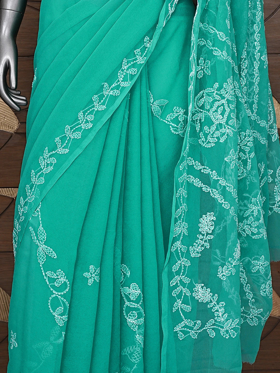 Ada Hand Embroidered Sea Green Georgette Lucknowi Chikankari Saree With Blouse 01A934768