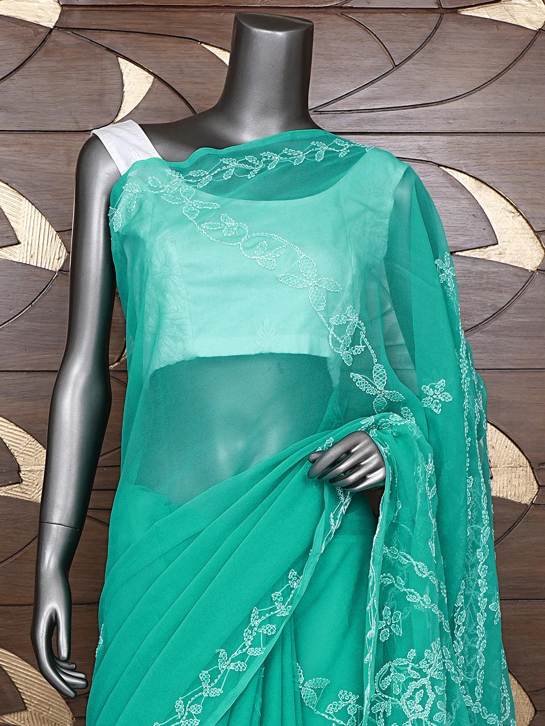 Ada Hand Embroidered Sea Green Georgette Lucknowi Chikankari Saree With Blouse 01A934768