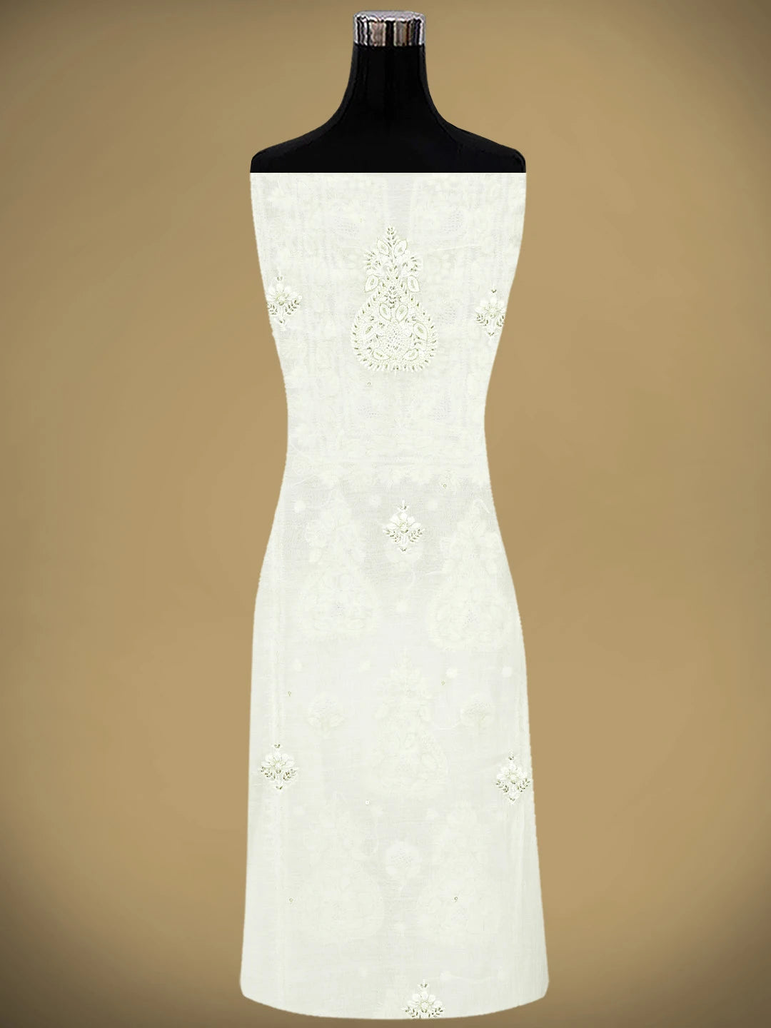 Ada Hand Embroidered White Old Lace Chanderi Lucknowi Chikankari Unstitched Kurta Dupatta Set With Cutdana Work 01A682768
