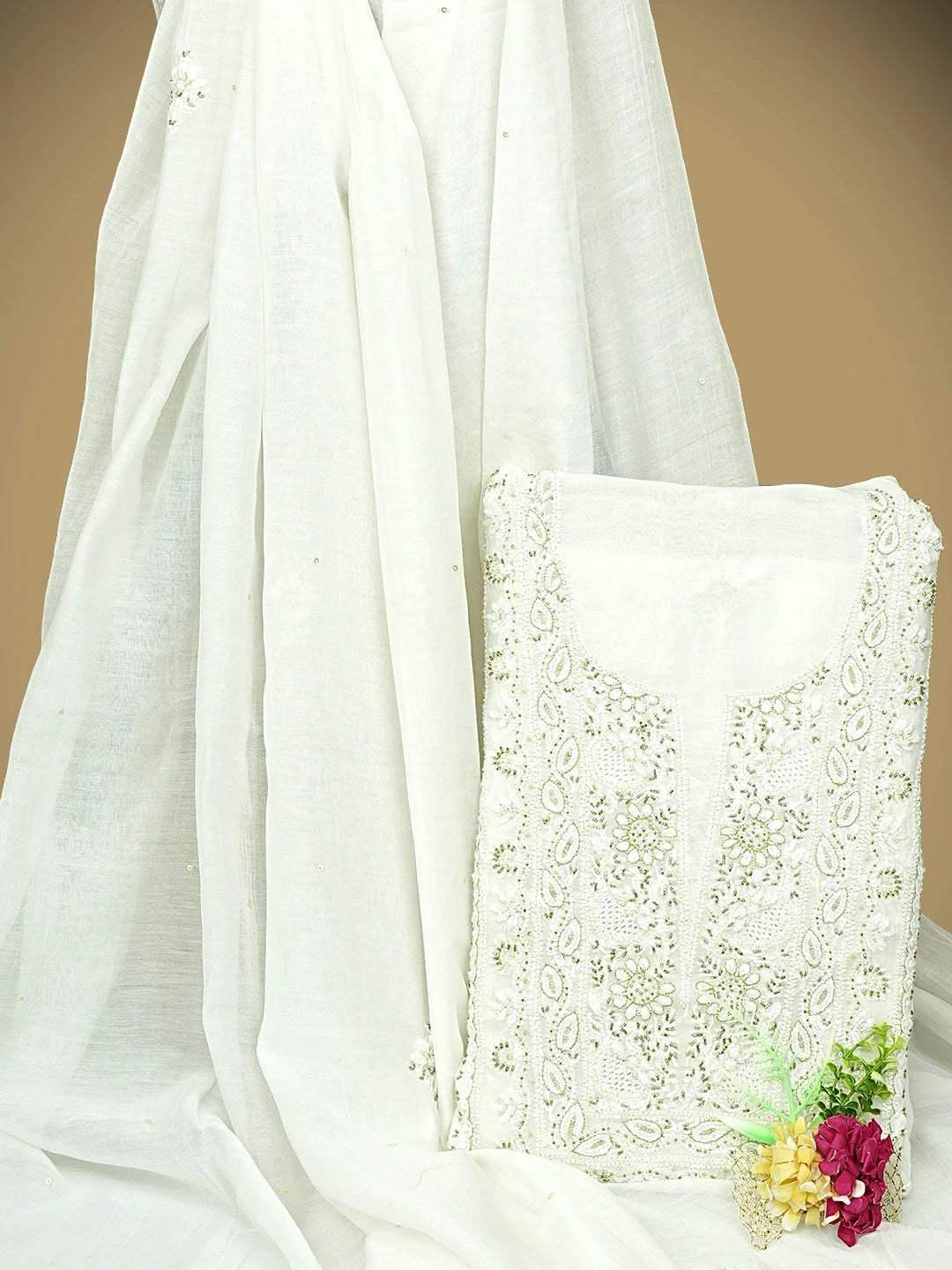 Ada Hand Embroidered White Old Lace Chanderi Lucknowi Chikankari Unstitched Kurta Dupatta Set With Cutdana Work 01A682768