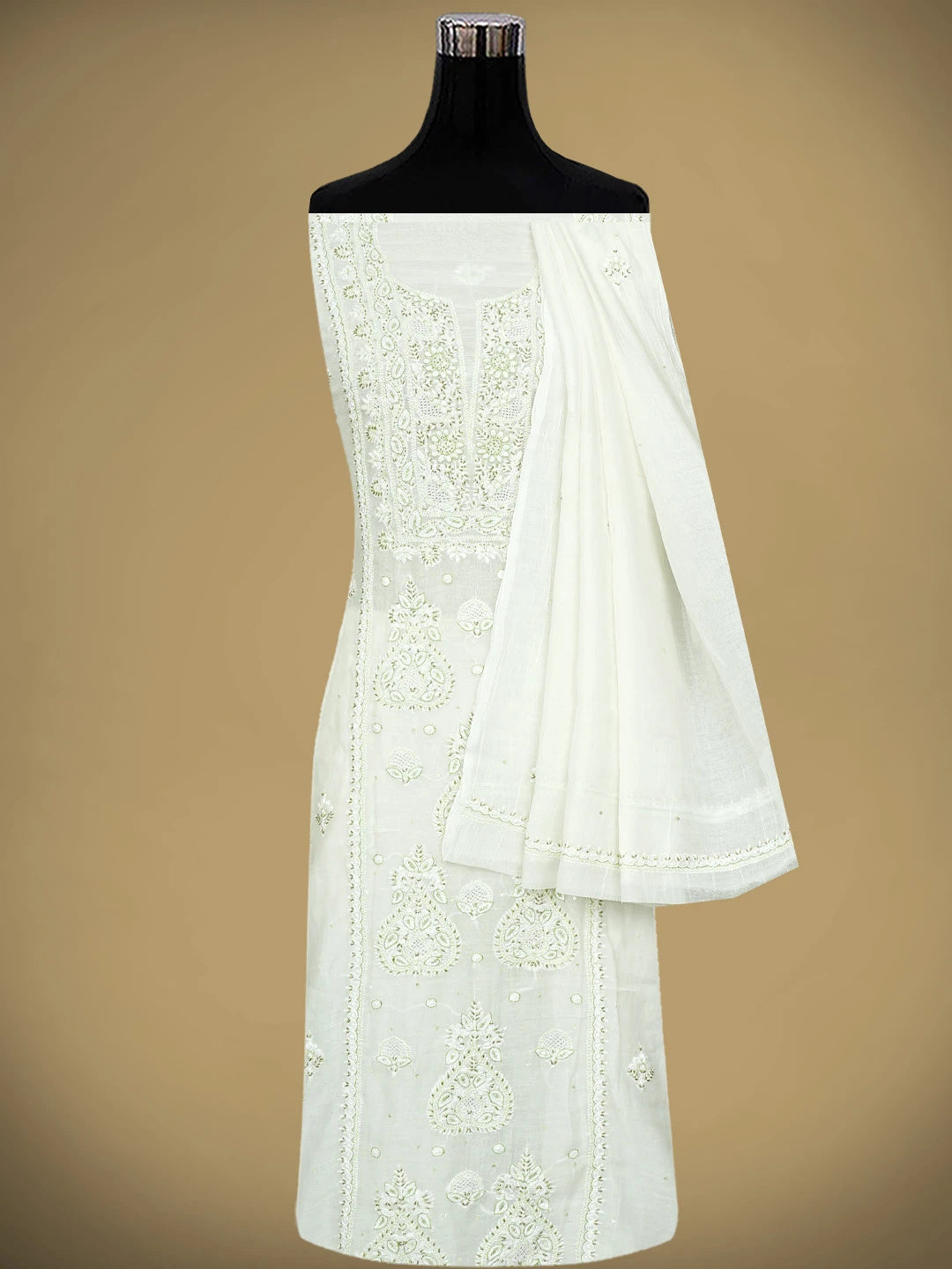 Ada Hand Embroidered White Old Lace Chanderi Lucknowi Chikankari Unstitched Kurta Dupatta Set With Cutdana Work 01A682768