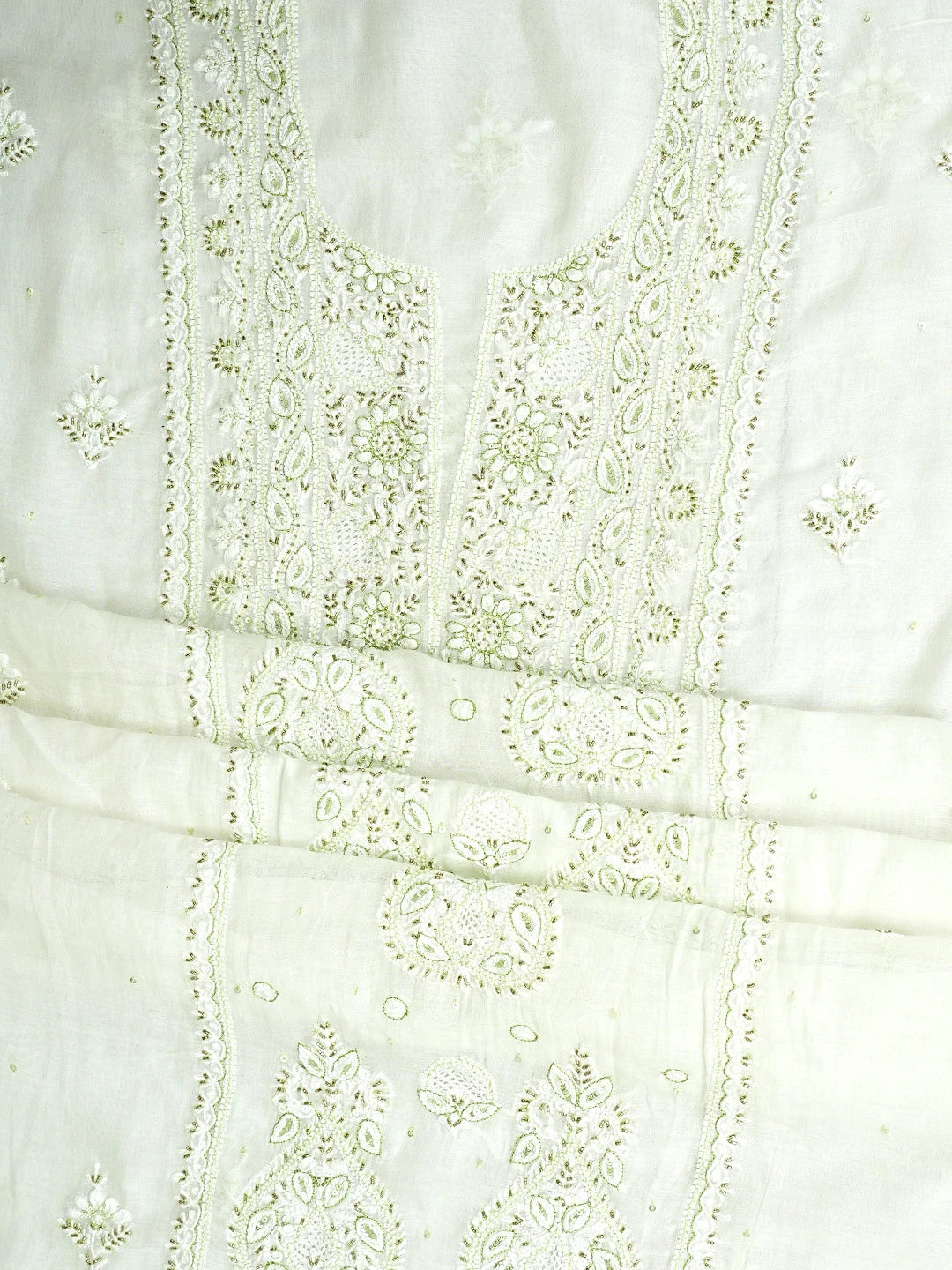 Ada Hand Embroidered White Old Lace Chanderi Lucknowi Chikankari Unstitched Kurta Dupatta Set With Cutdana Work 01A682768