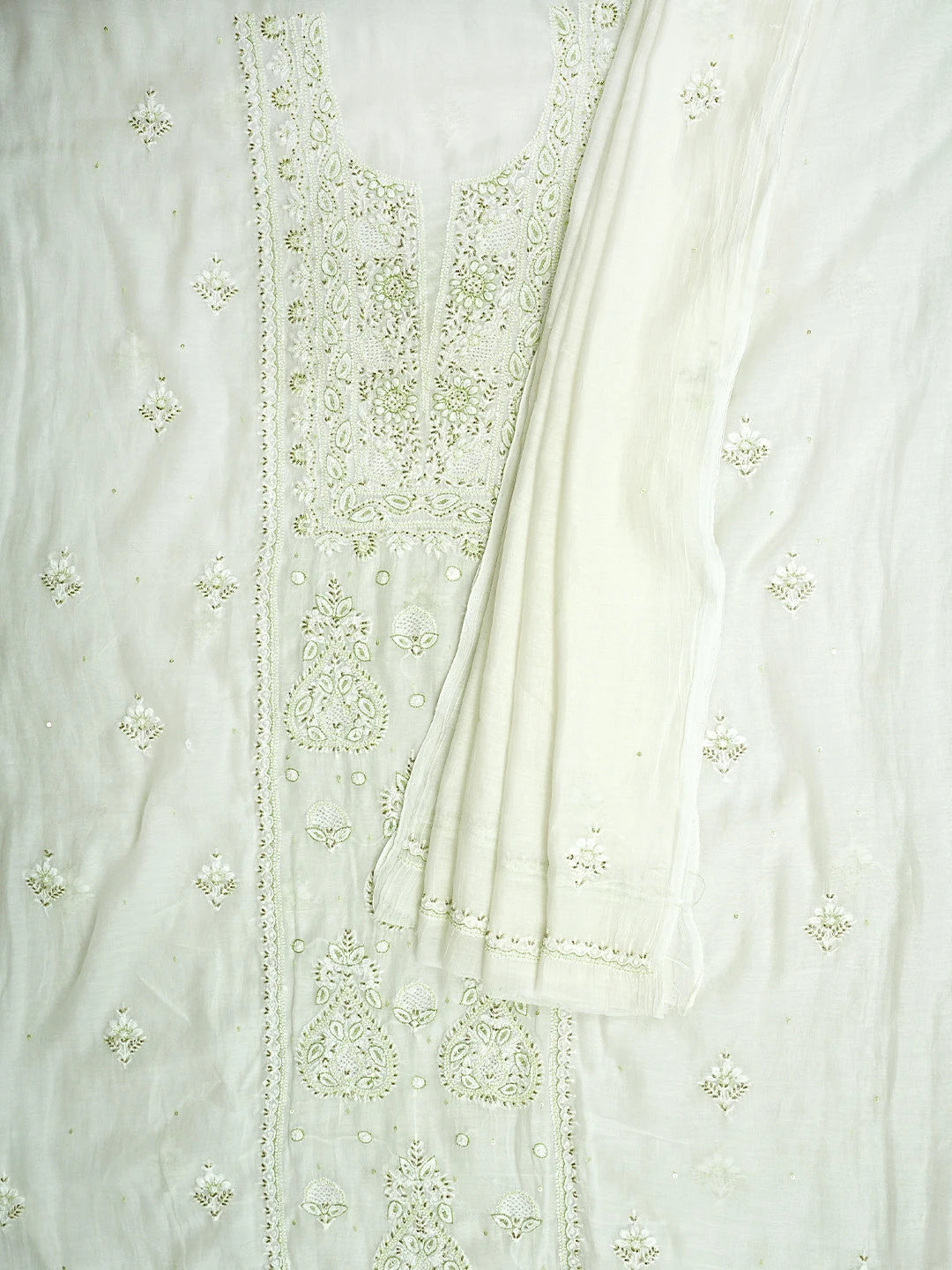 Ada Hand Embroidered White Old Lace Chanderi Lucknowi Chikankari Unstitched Kurta Dupatta Set With Cutdana Work 01A682768