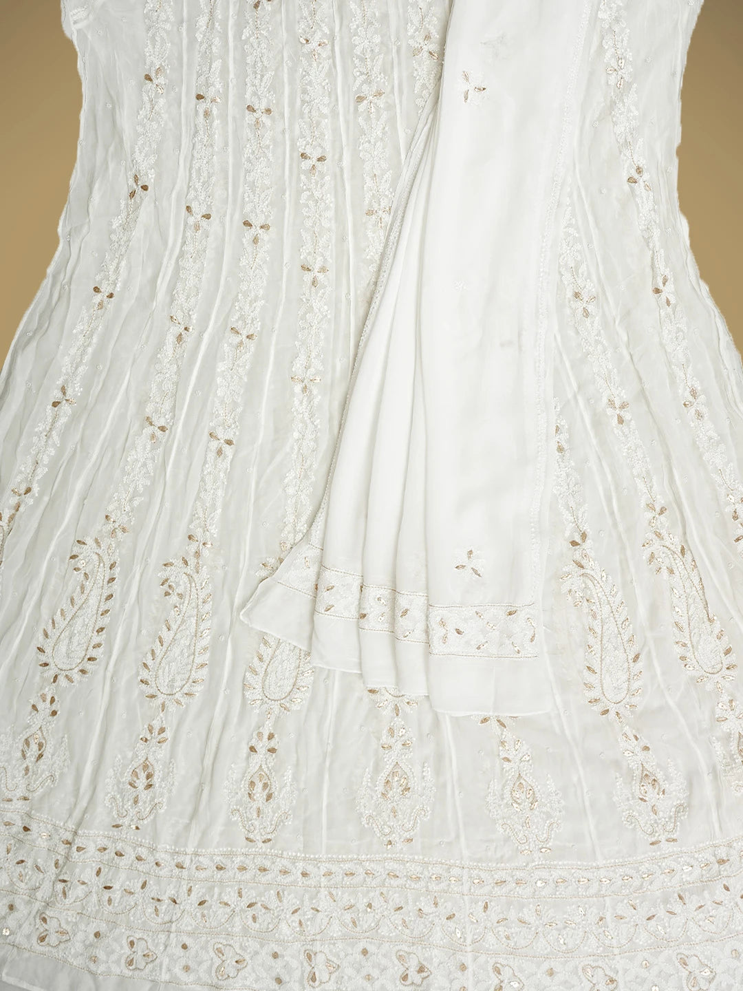 Ada Hand Embroidered Snow White Viscose Gerogette Lucknowi Chikankari Semi-Stitched Anarkali Kurta Dupatta Set With Zari Work 01A939819